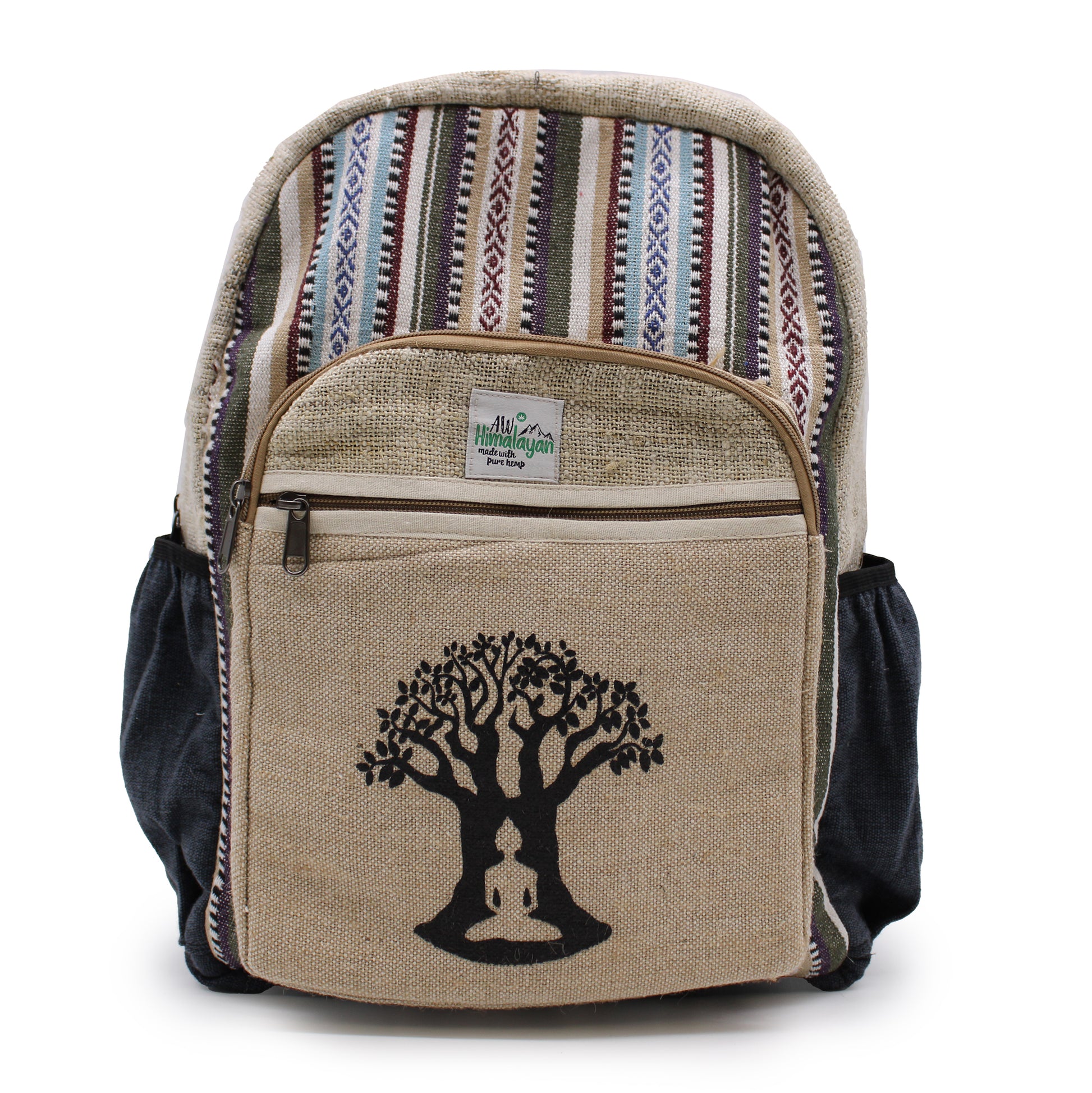 Backpack with tree of life design and striped pattern on a white background