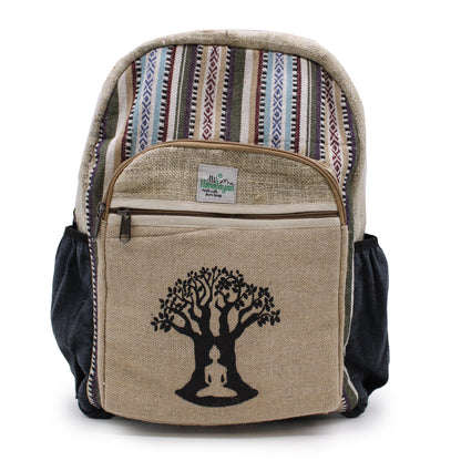 Backpack with tree of life design and striped pattern on a white background