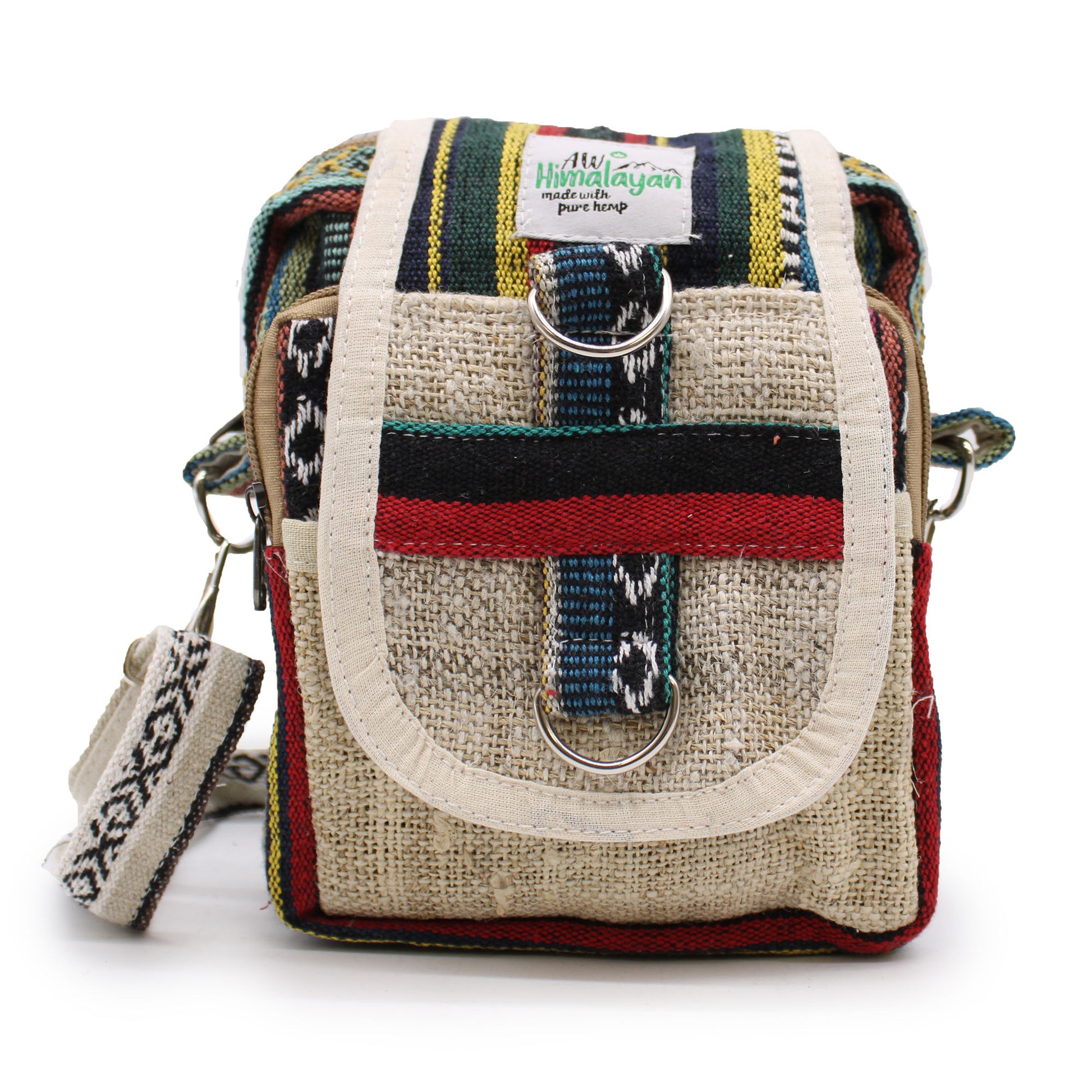 Multicolored handbag with a visible brand label on a white background