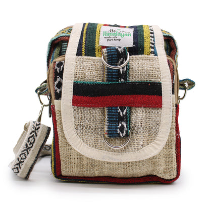 Multicolored handbag with a visible brand label on a white background
