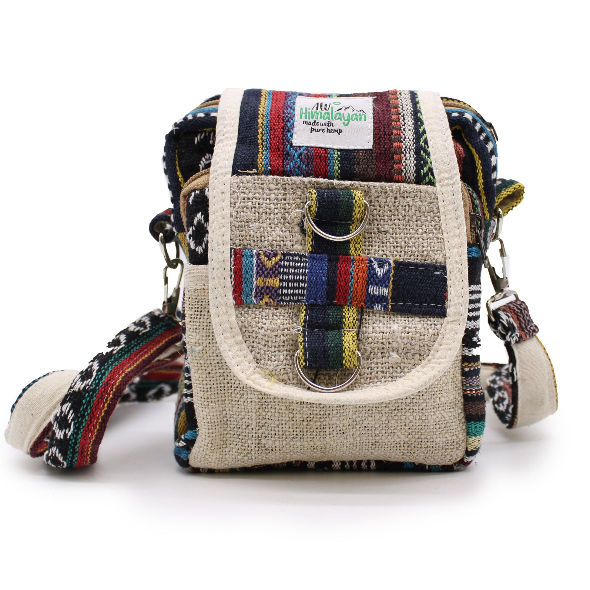 Multicolored striped bag with a textured front pocket on a white background