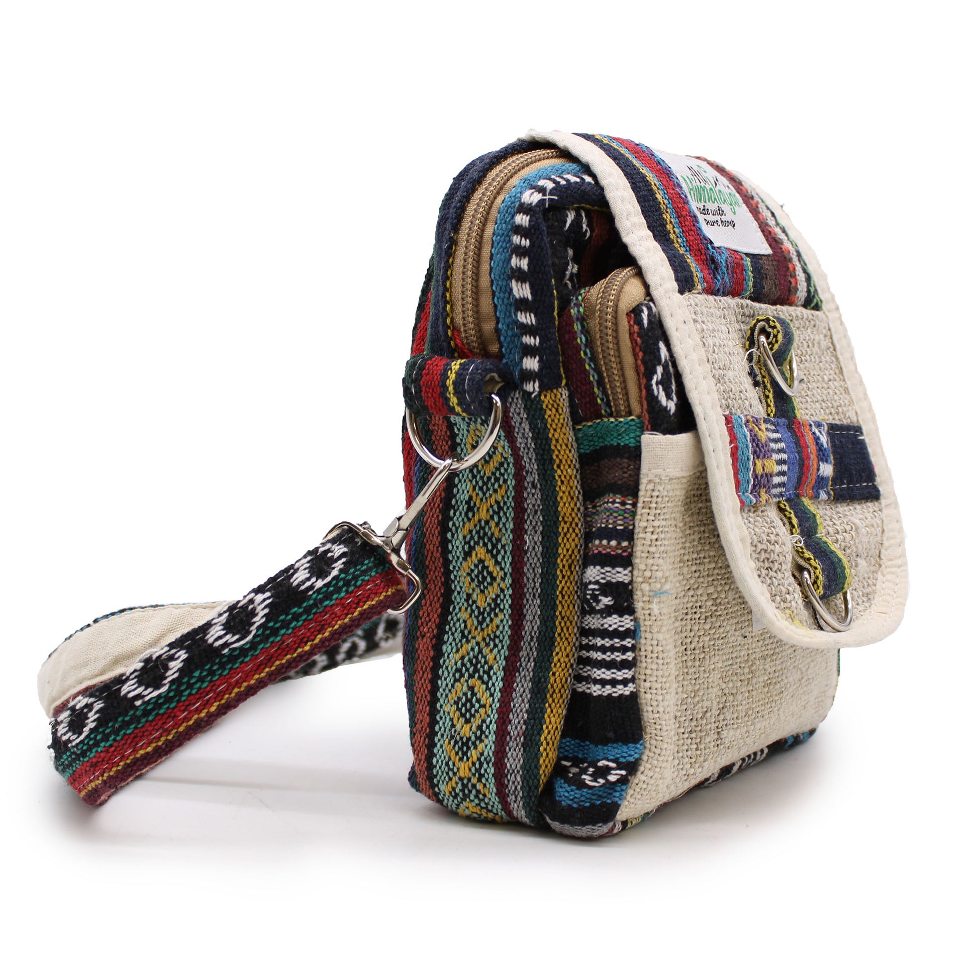 Multicolored patterned bag with a strap on a white background