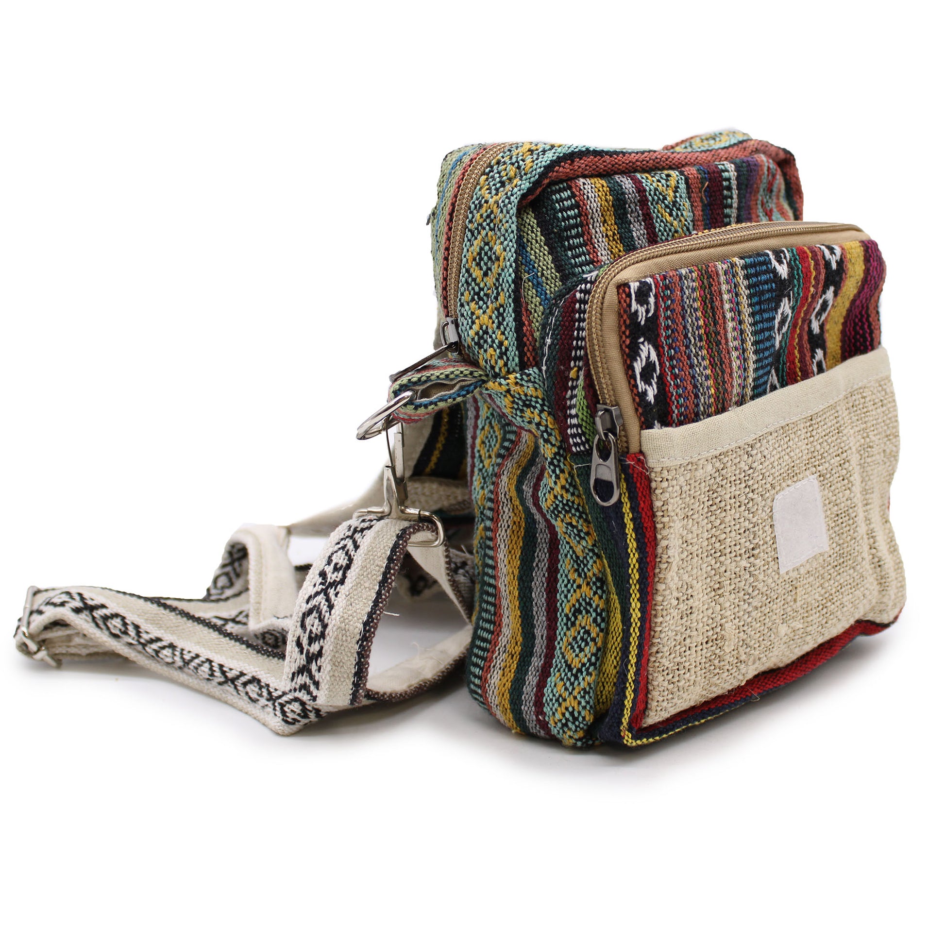 Multicolored patterned bag with a strap on a white background