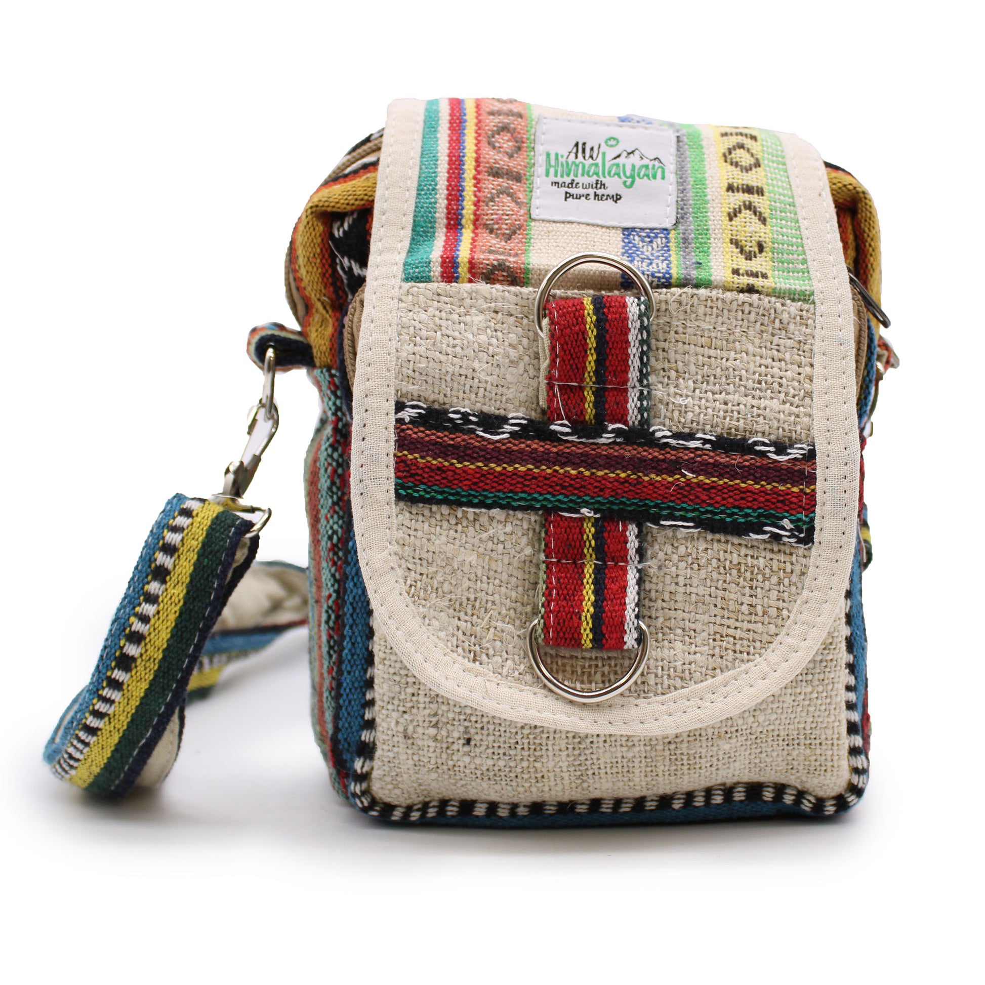 Small bag with colorful strap and visible brand logo on a white background