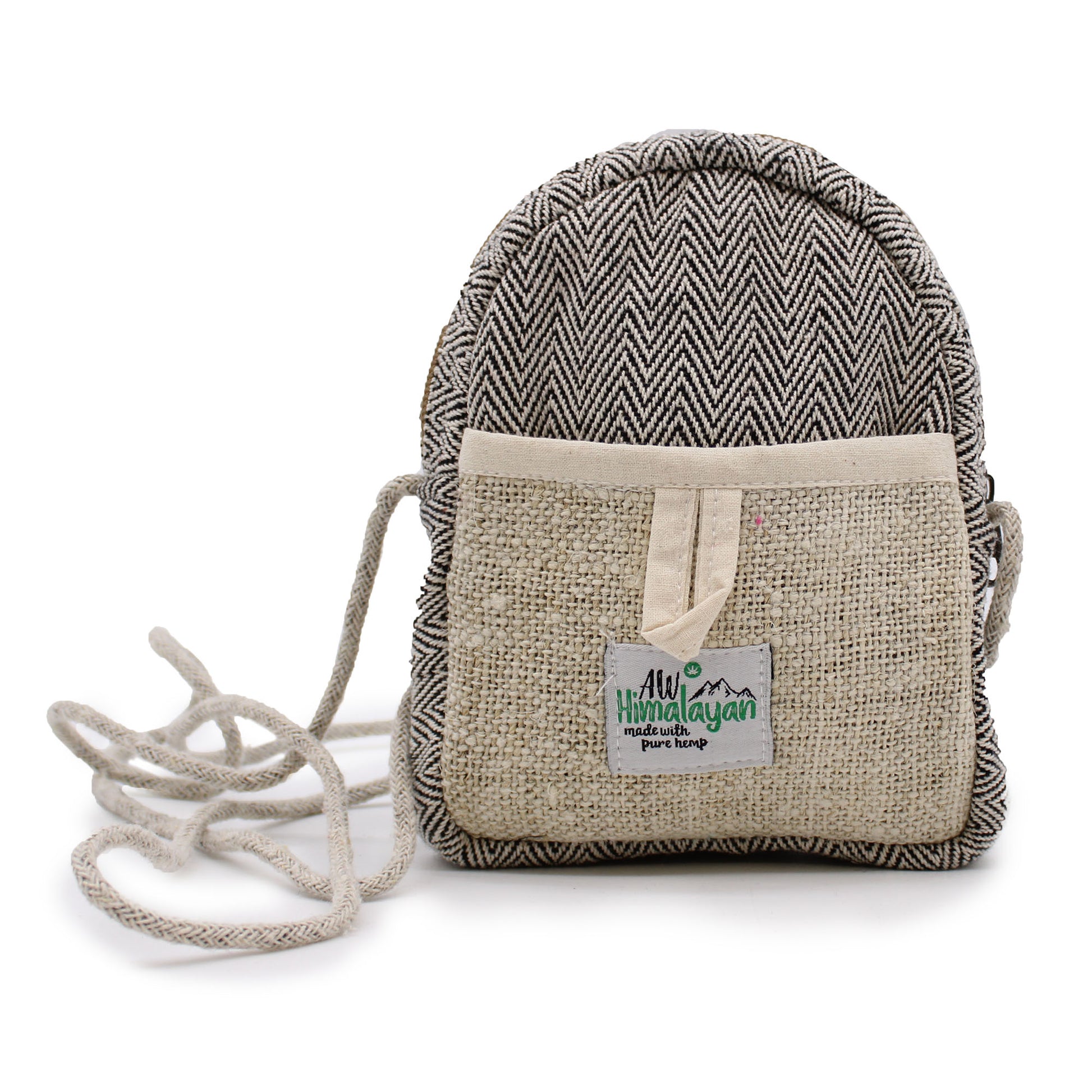 Small backpack with herringbone pattern and natural strap on a white background