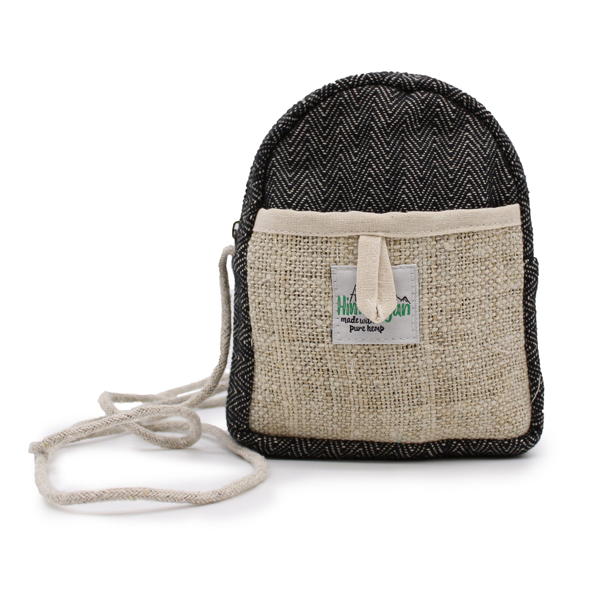 Small black and beige woven bag with a strap on a white background