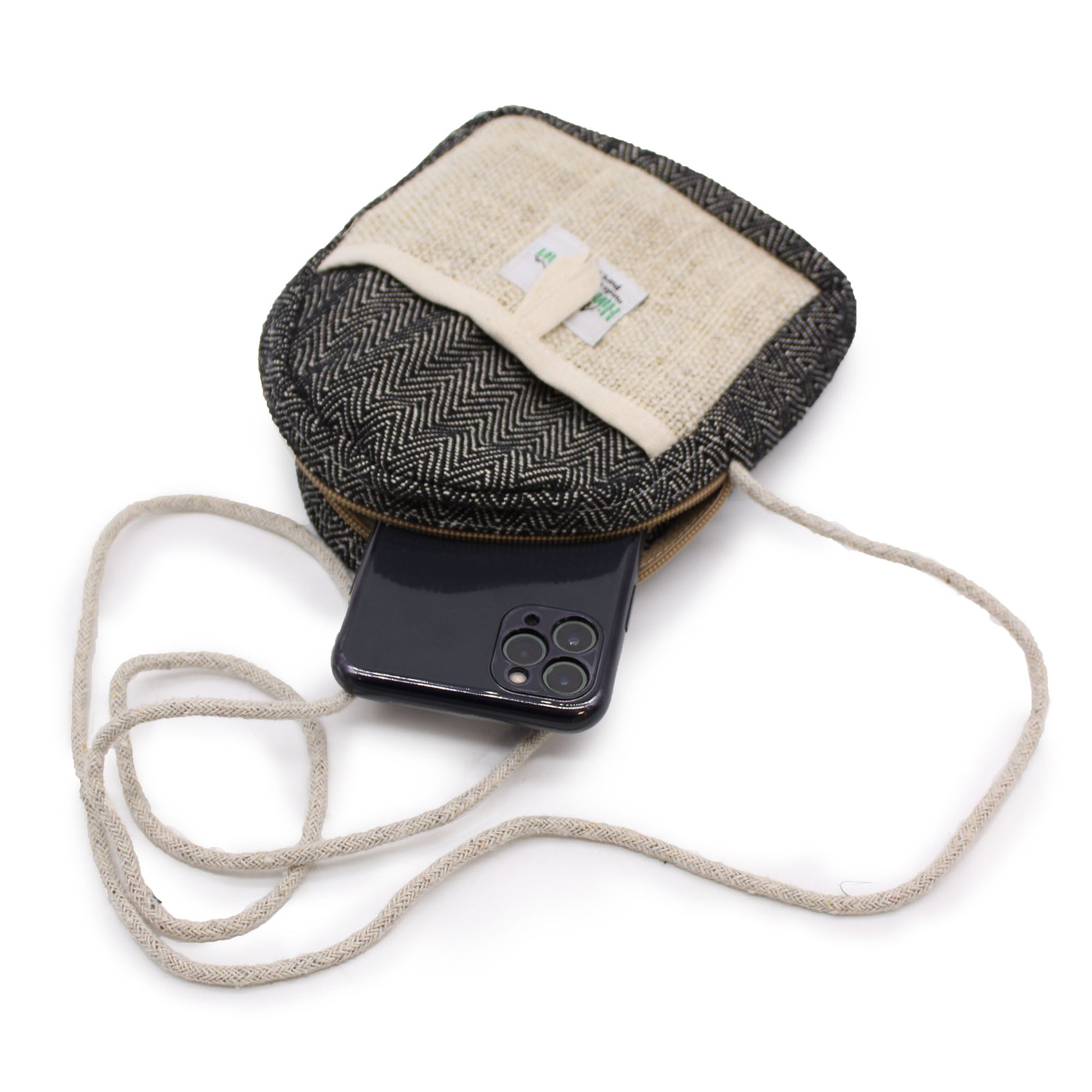 Textured pouch with a phone inside on a white background