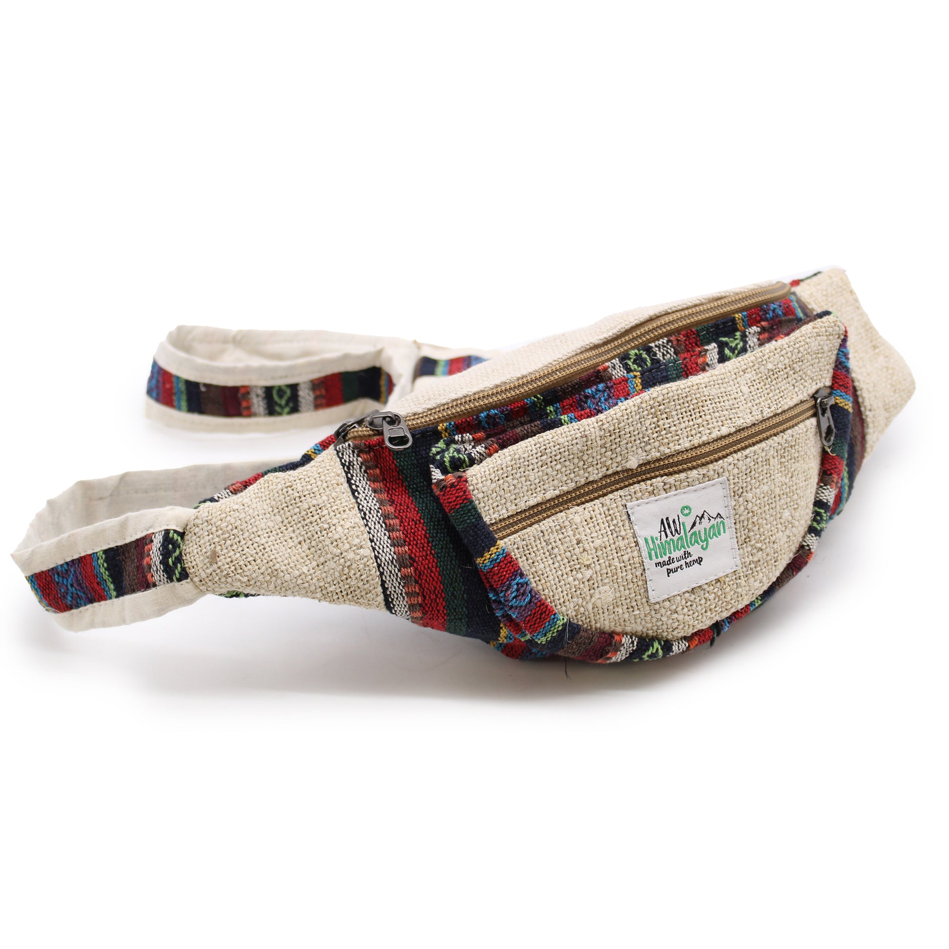 Fanny pack with colorful pattern and visible brand label on a white background