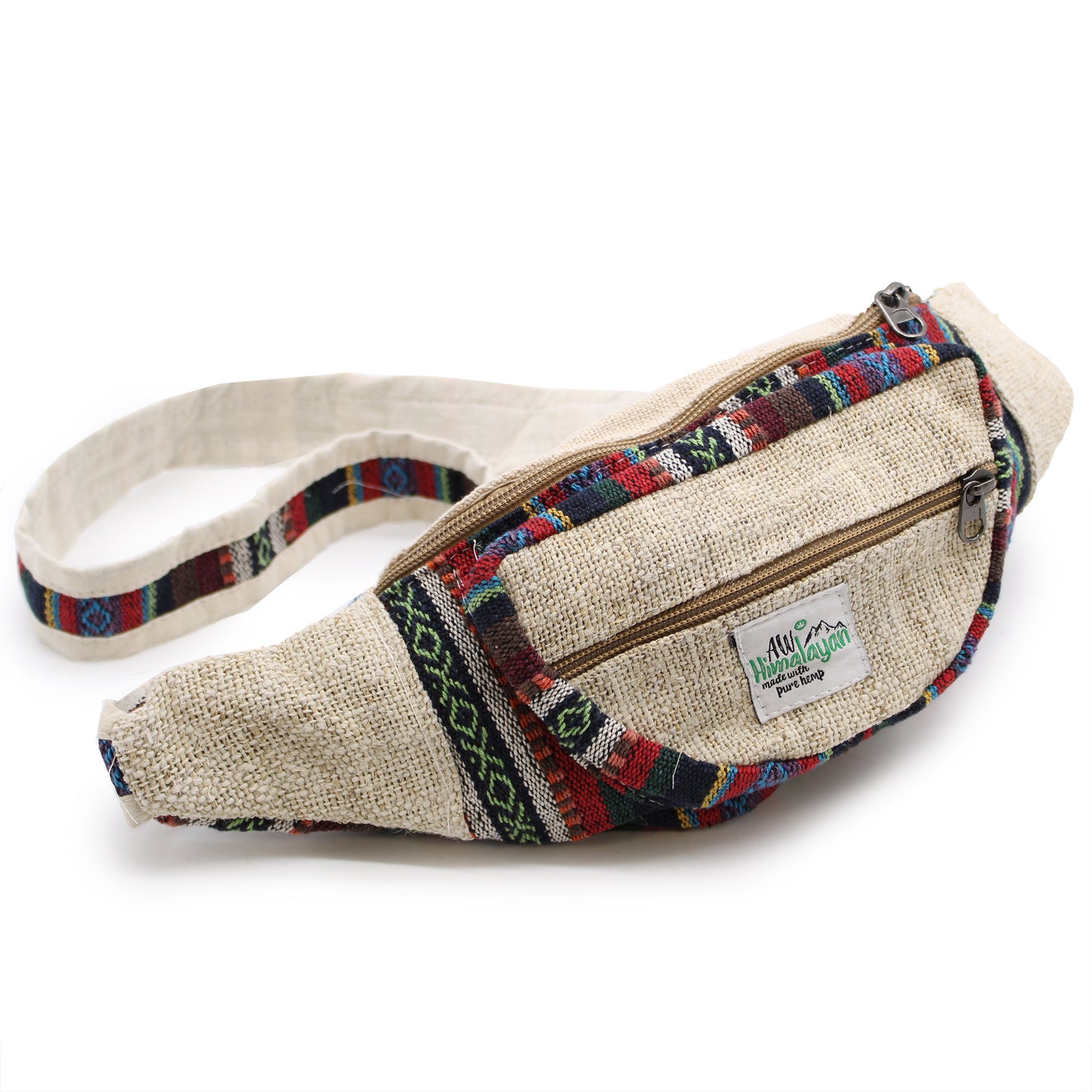 Multicolored waist bag with a visible brand label on a white background