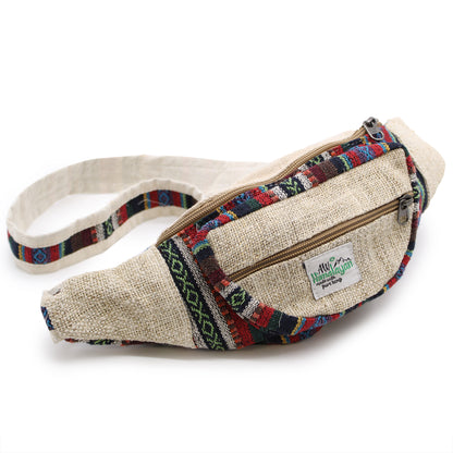 Multicolored waist bag with a visible brand label on a white background