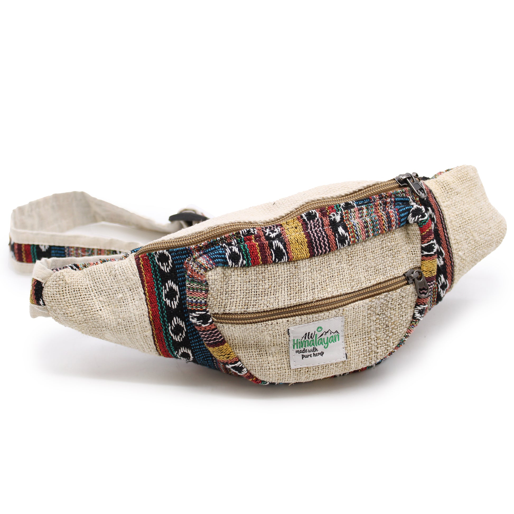 Beige waist bag with colorful patterned strap on a white background