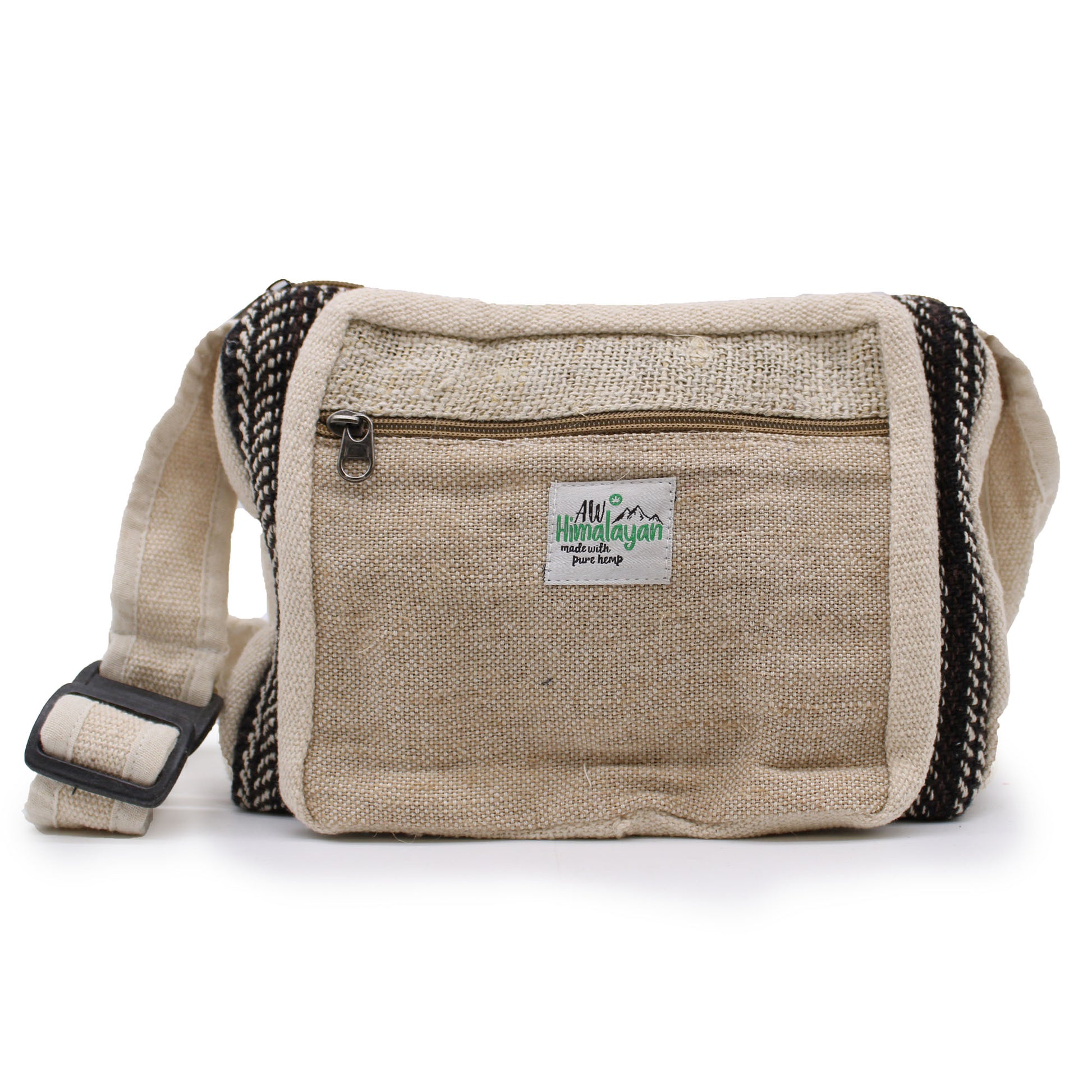 Beige crossbody bag with black straps on a white background