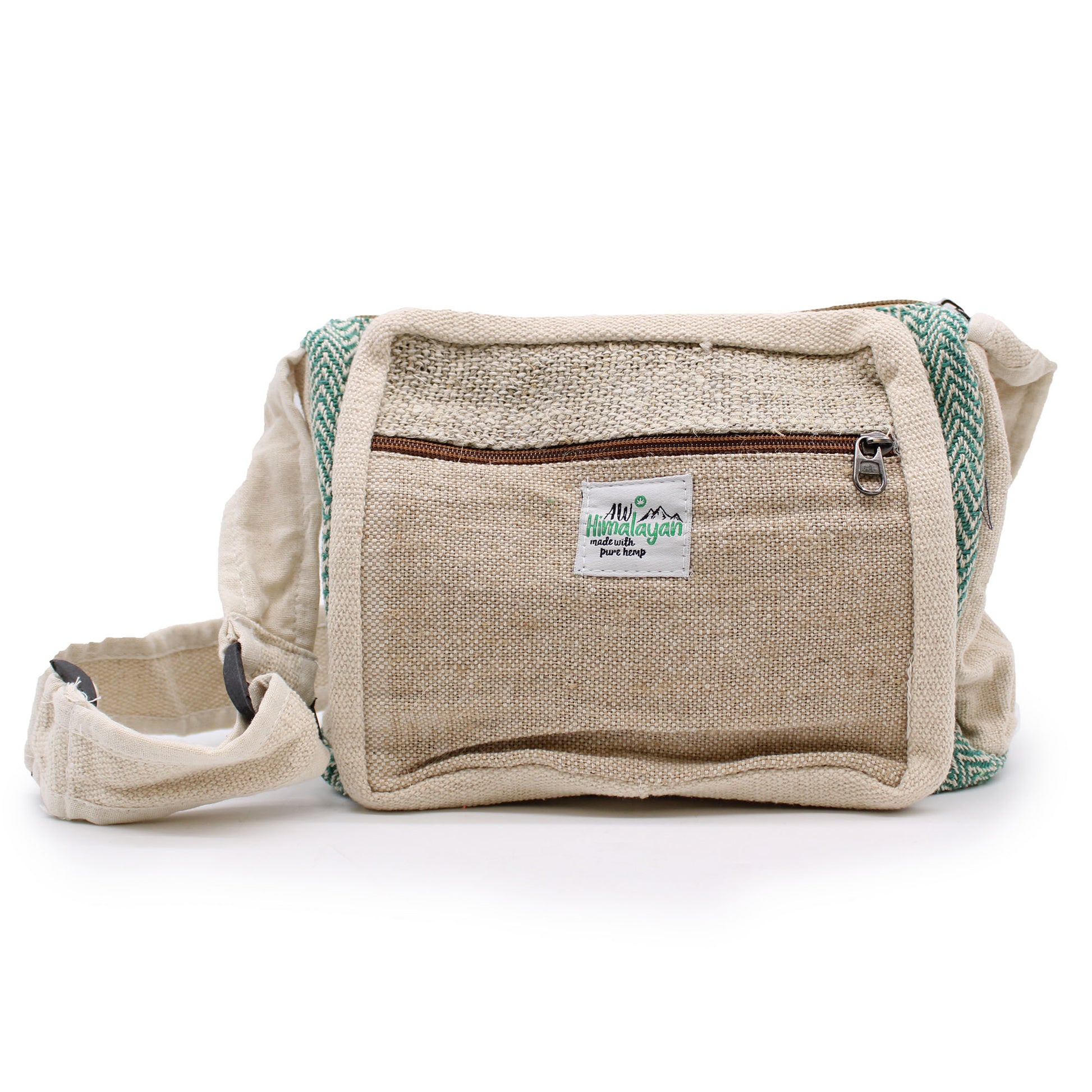 Beige and green bag with a visible brand label on a white background