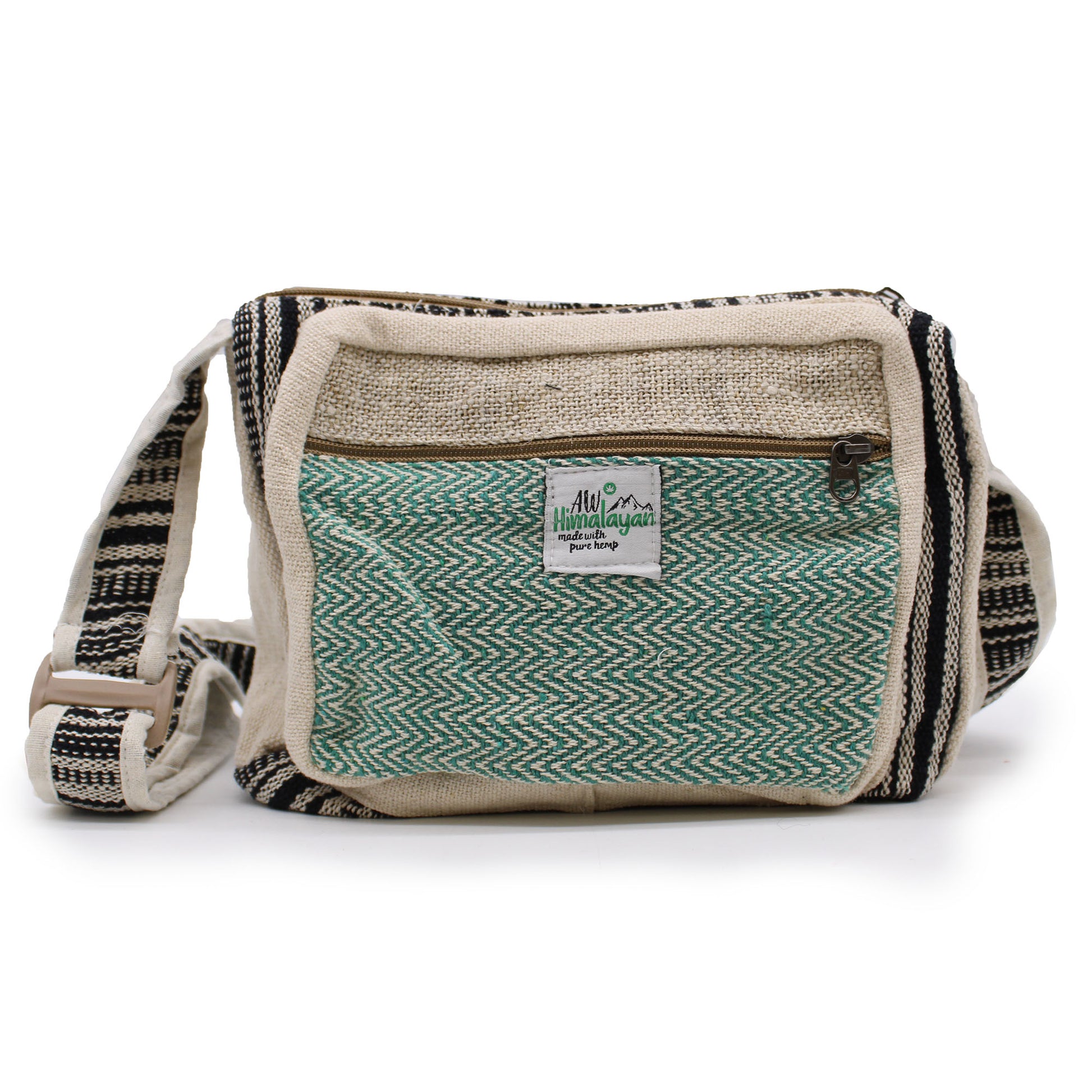 Green and beige crossbody bag with a visible brand label on a white background