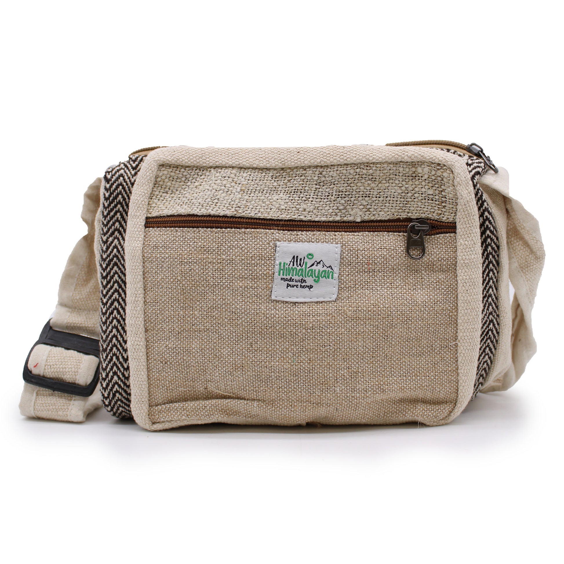 Beige crossbody bag with a visible brand label on a white background