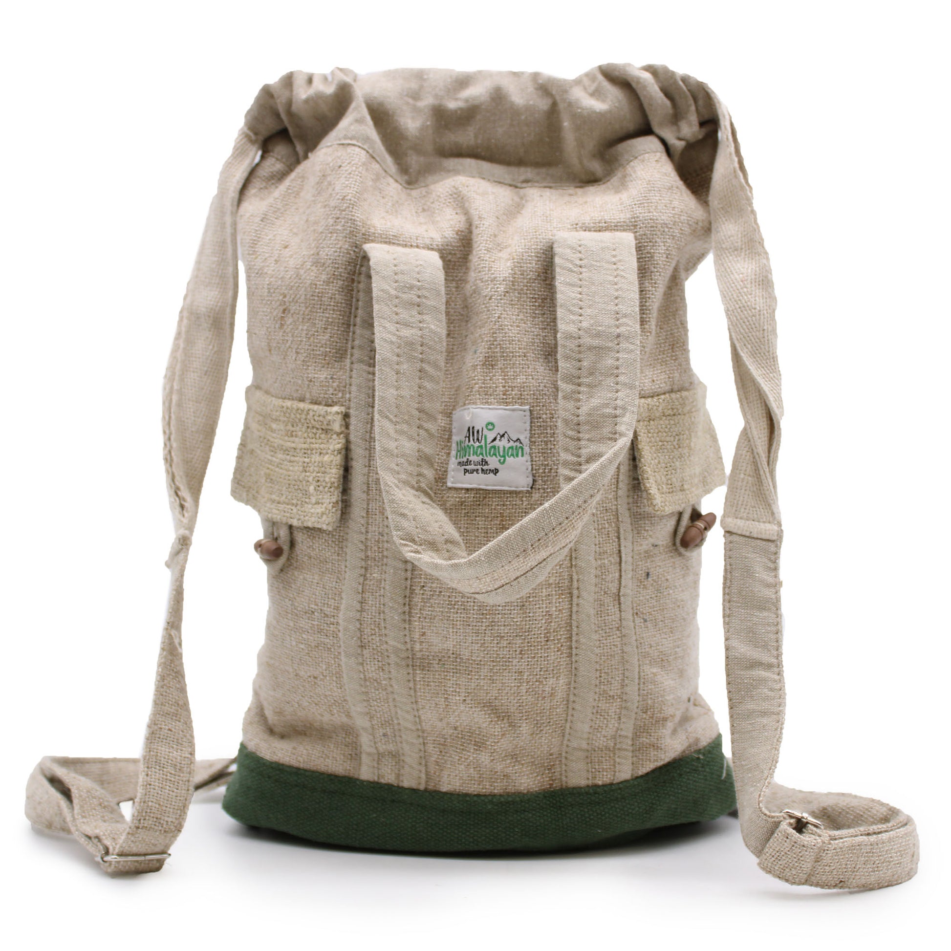 Beige backpack with a green base on a white background