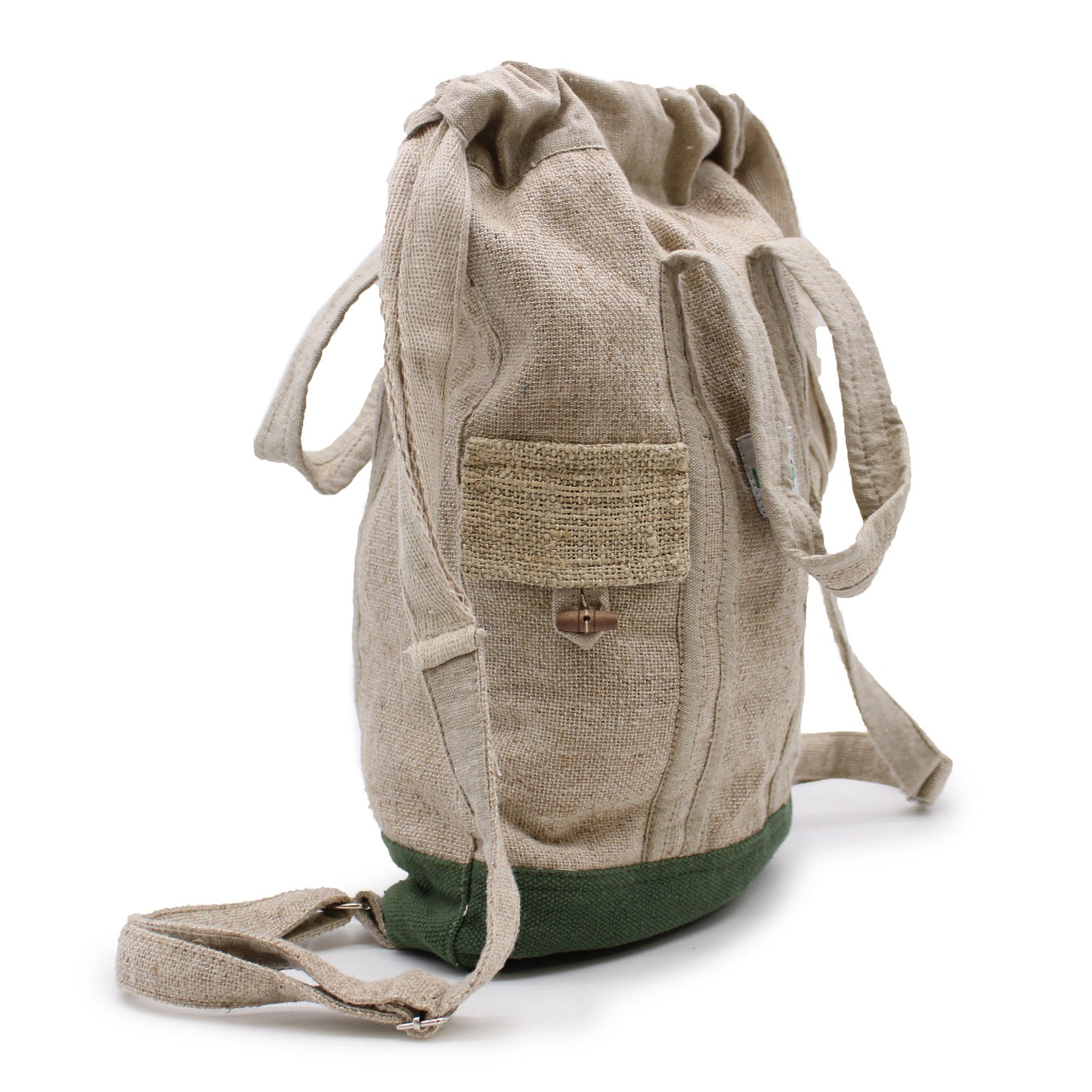 Beige backpack with a green base on a white background