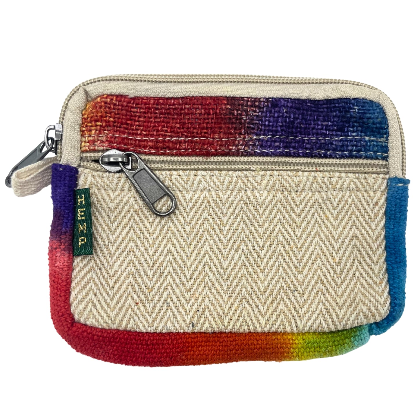 Multicolored fabric pouch with a zipper on a white background