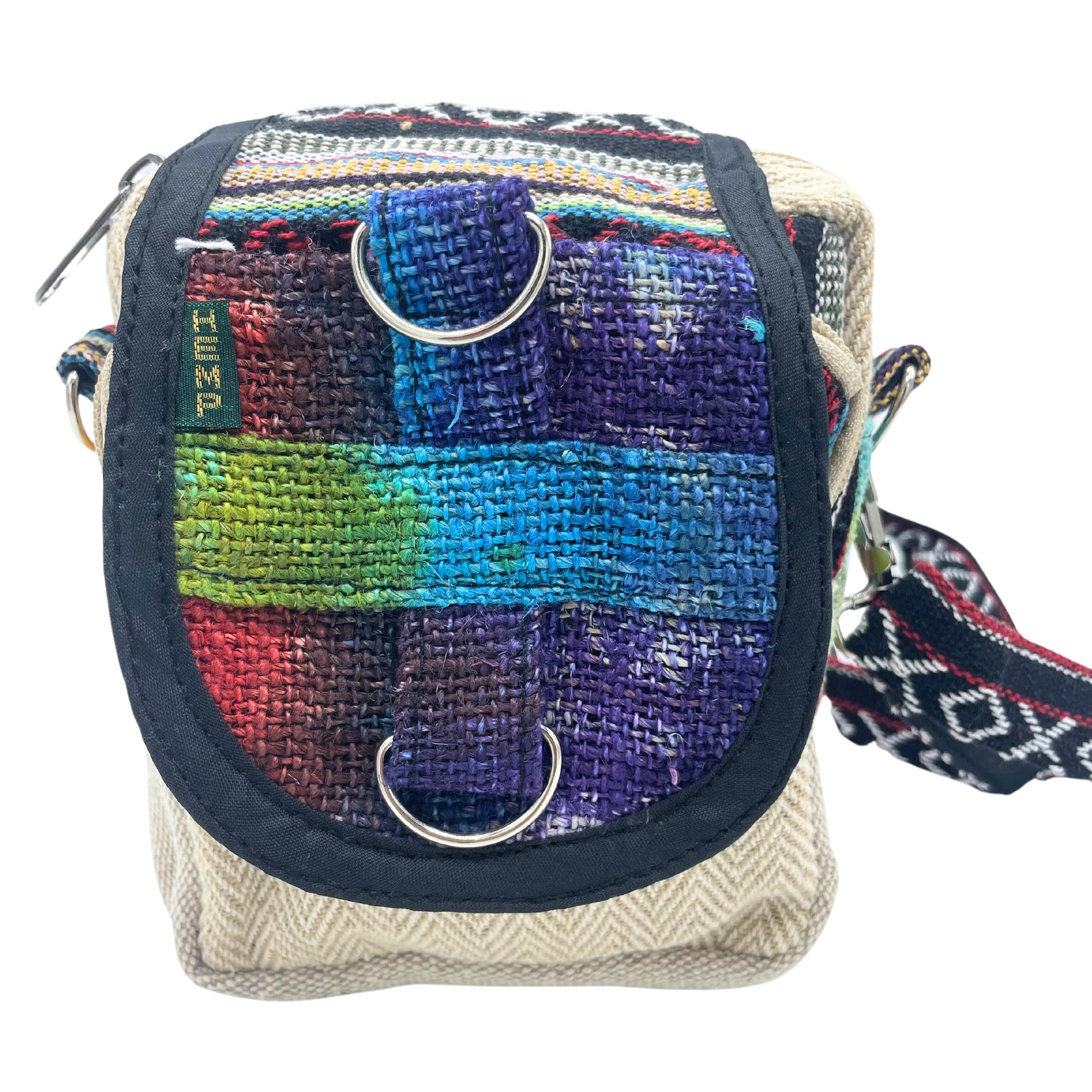 Multicolored woven bag with a strap on a white background