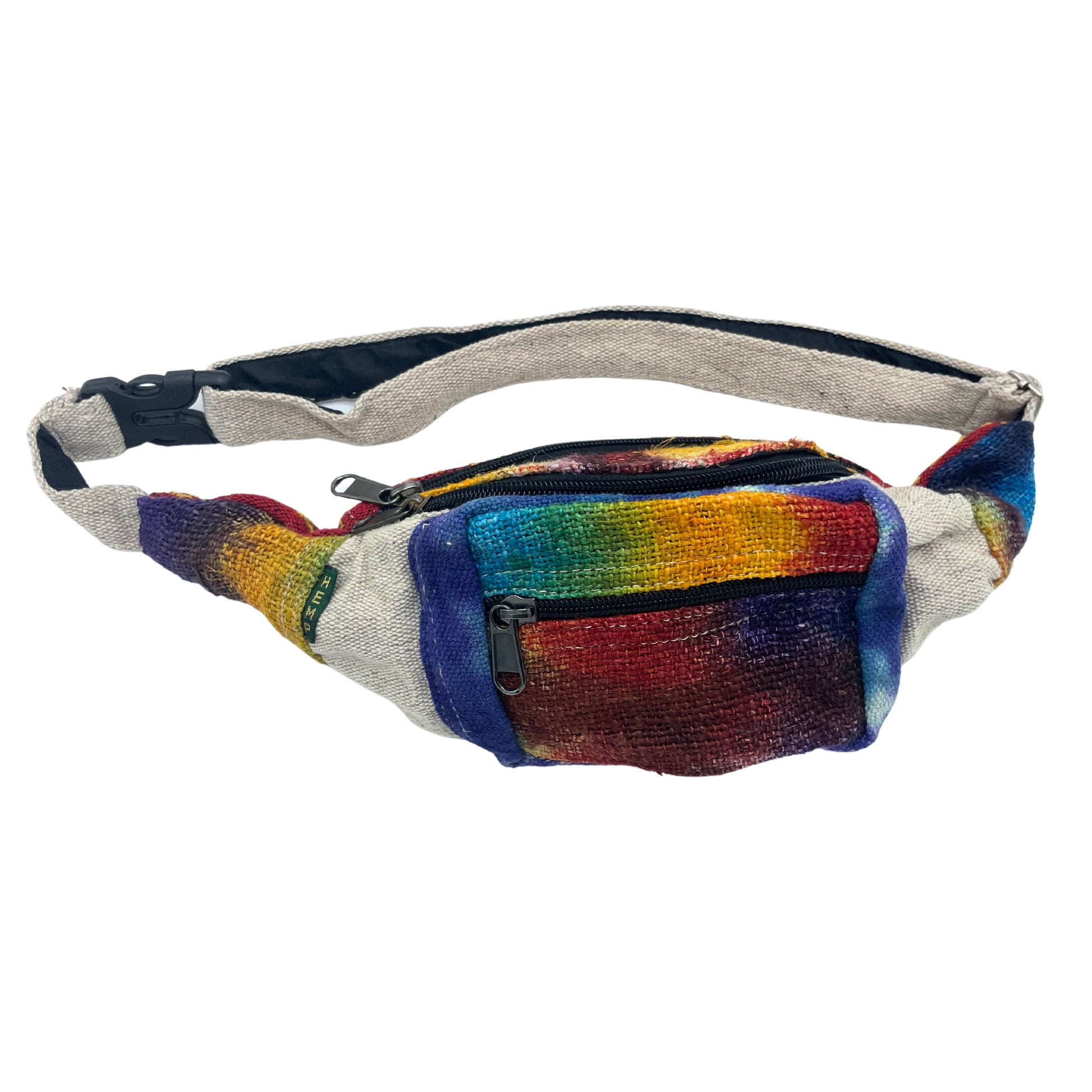 Multicolored waist bag with a pattern on a white background