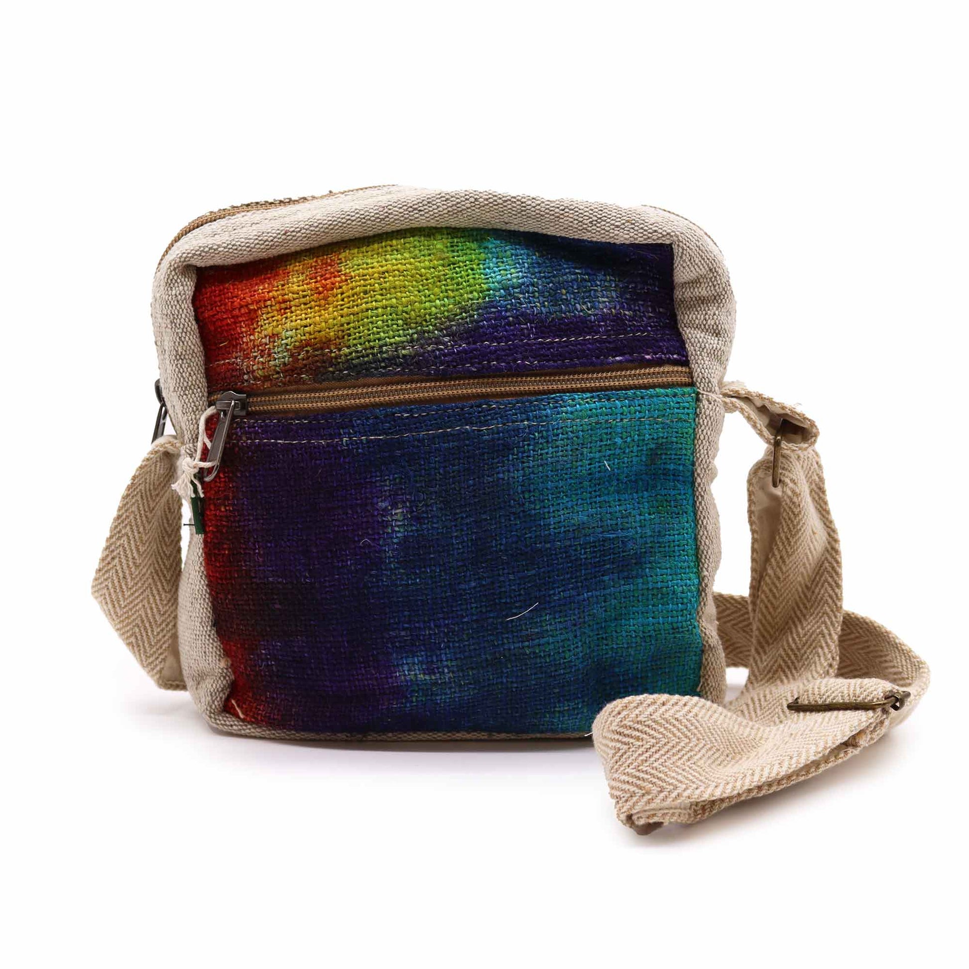 Multicolored fabric bag with a strap on a white background