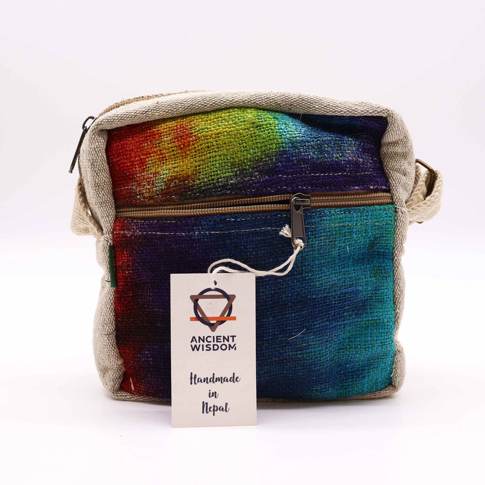 Colorful bag with a 'Ancient Wisdom' tag on a white background