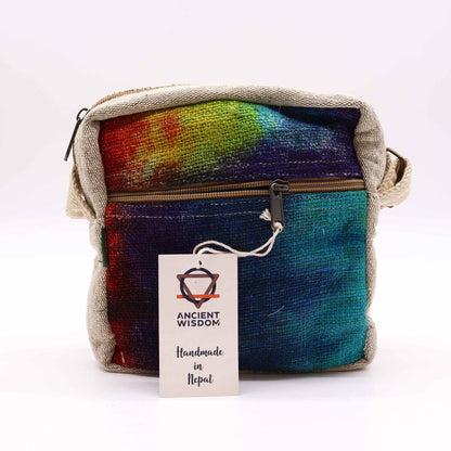 Colorful bag with a 'Ancient Wisdom' tag on a white background