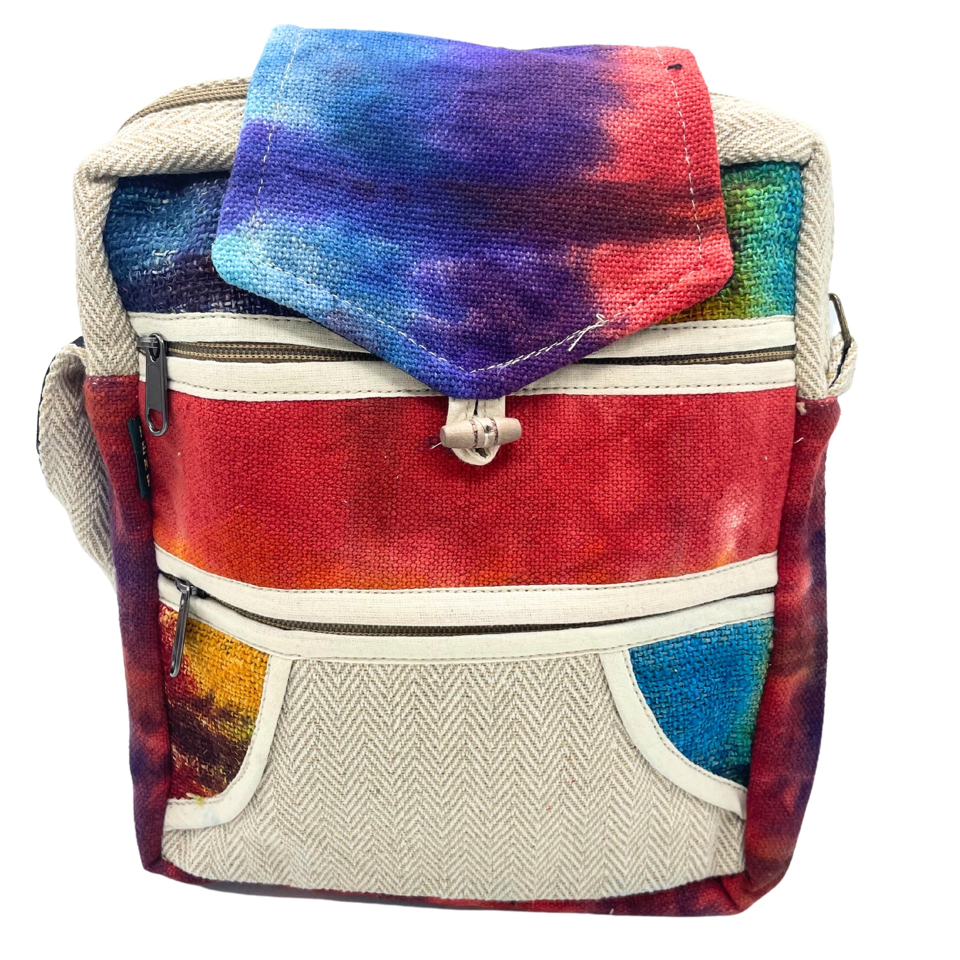 Multicolored fabric bag with a tie-dye pattern on a white background