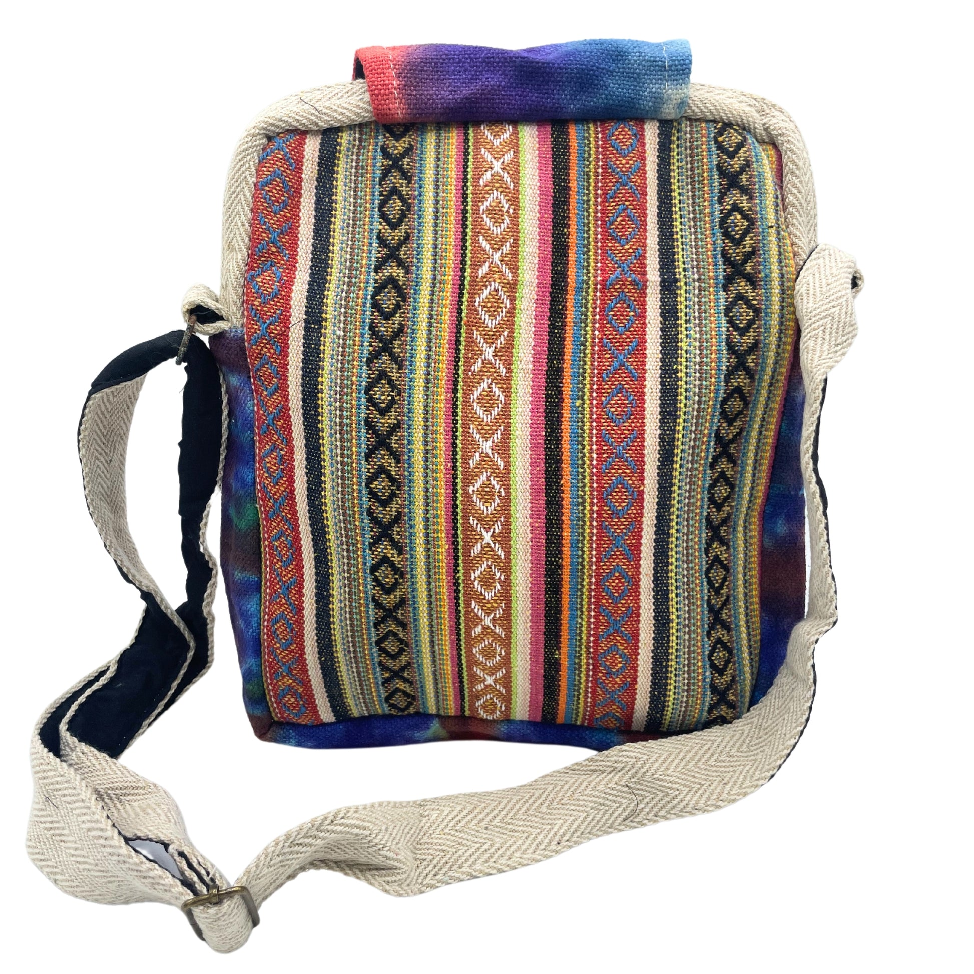 Multicolored striped bag with a woven pattern on a white background