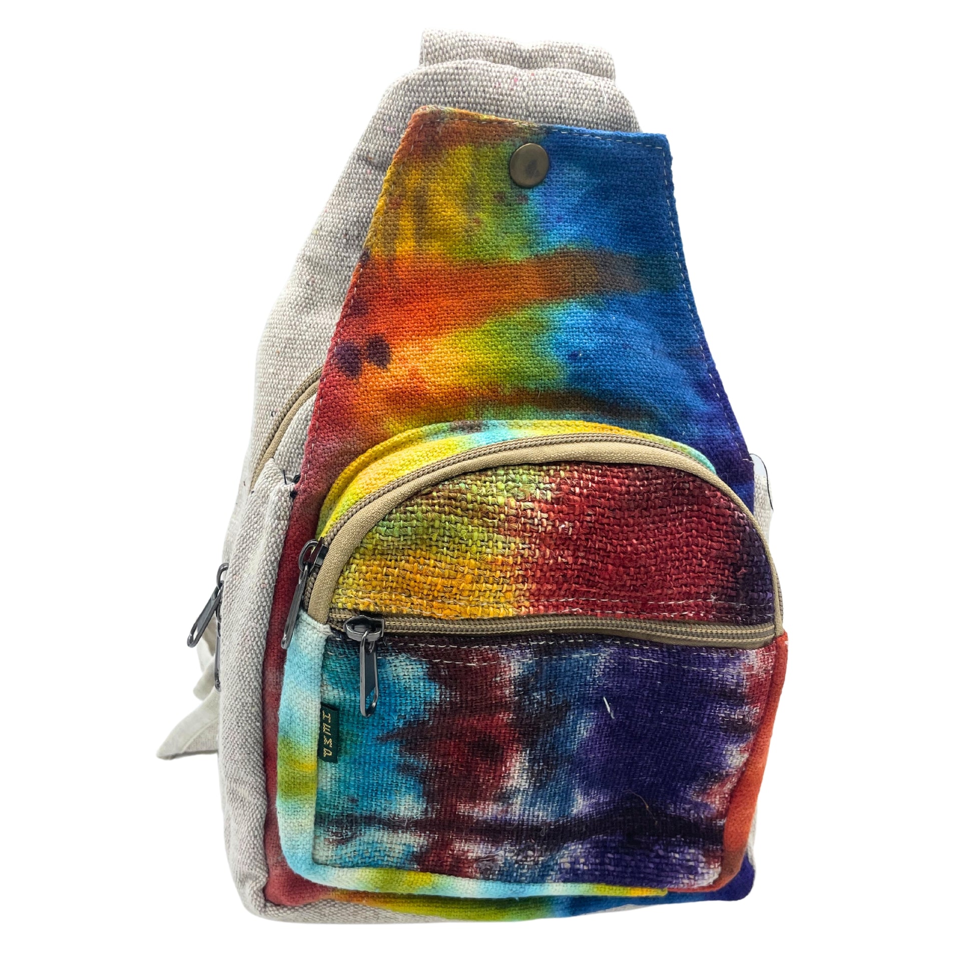 Multicolored tie-dye sling bag on a white background