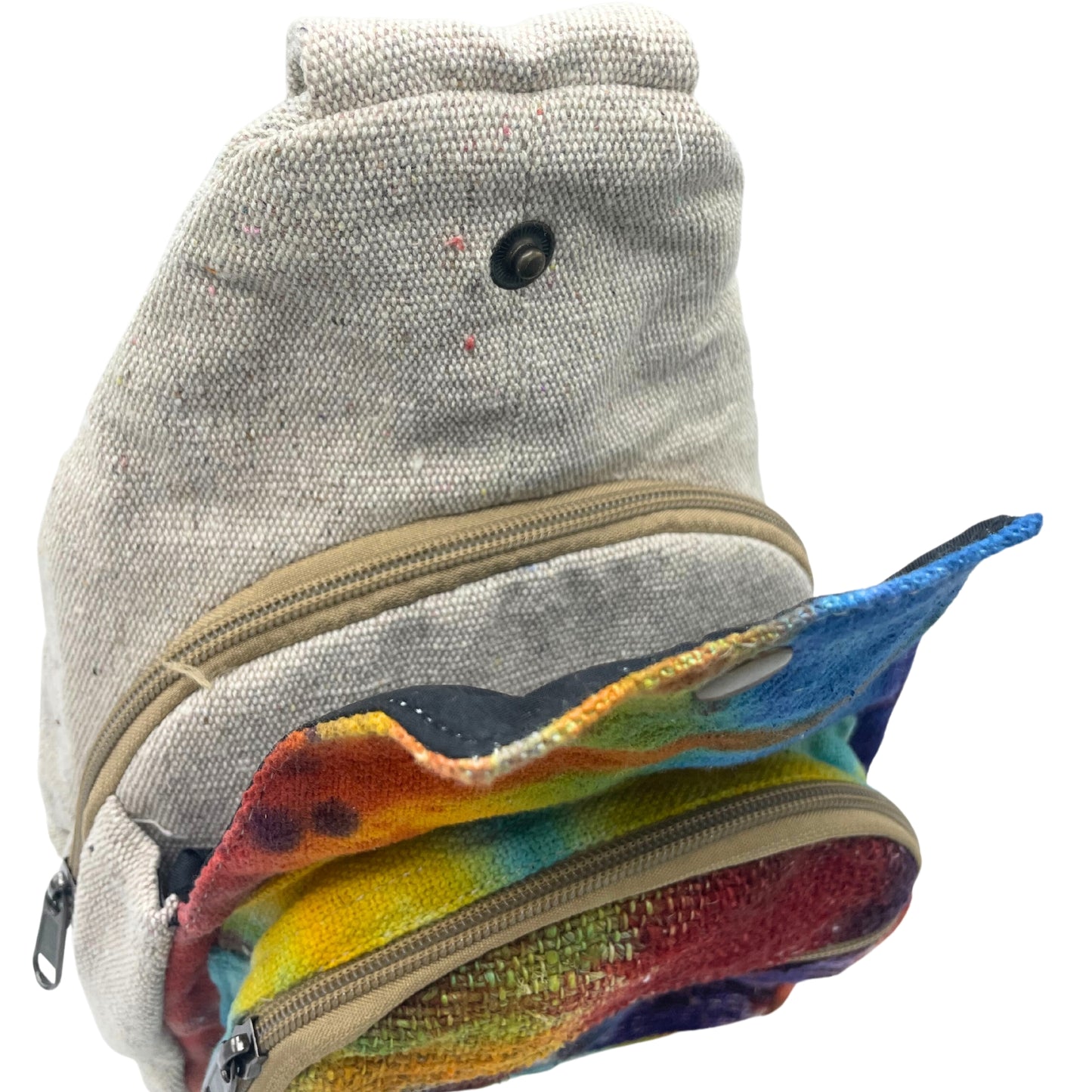 Multicolored fabric pouch with a textured gray exterior on a white background