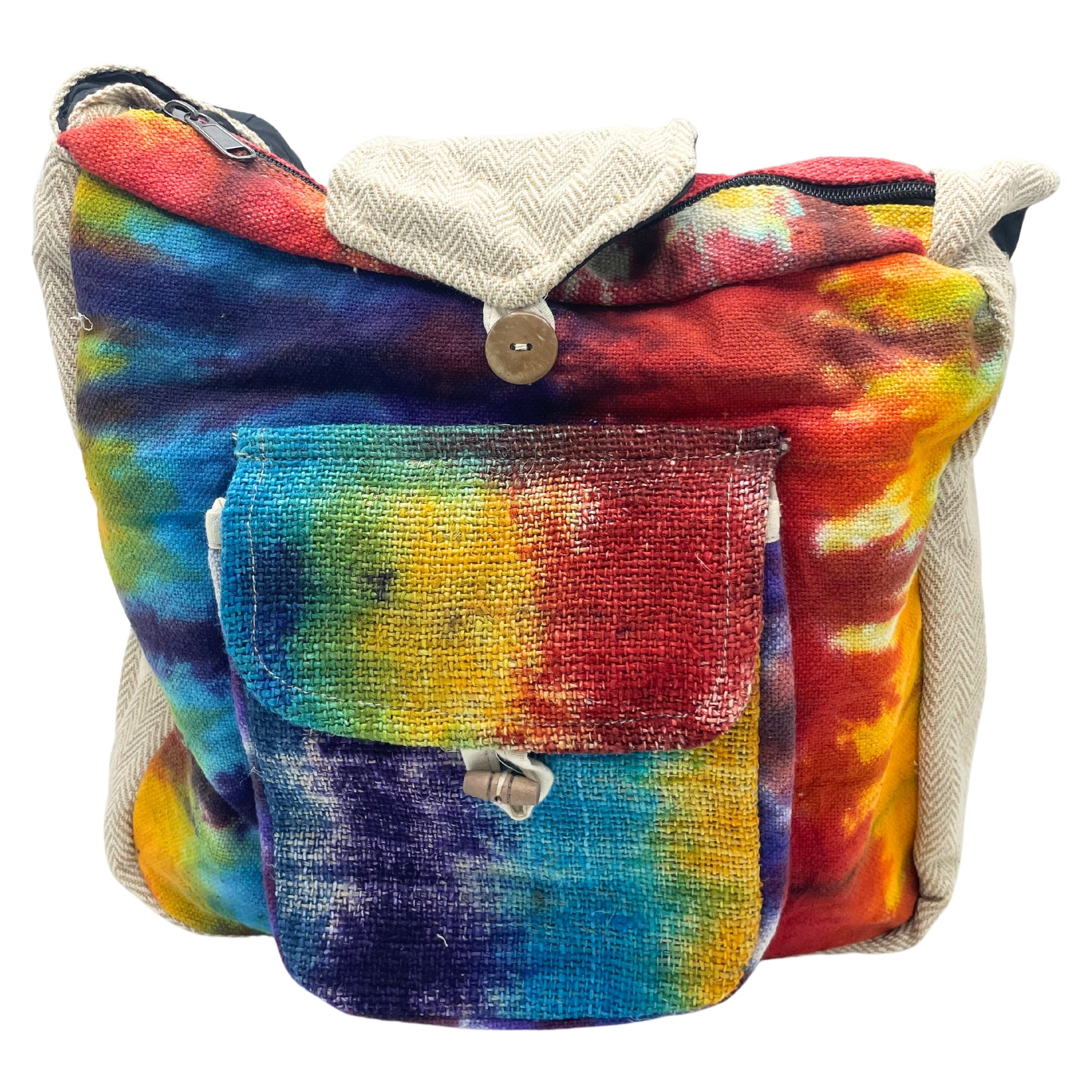 Colorful tie-dye bag with a pocket on a white background