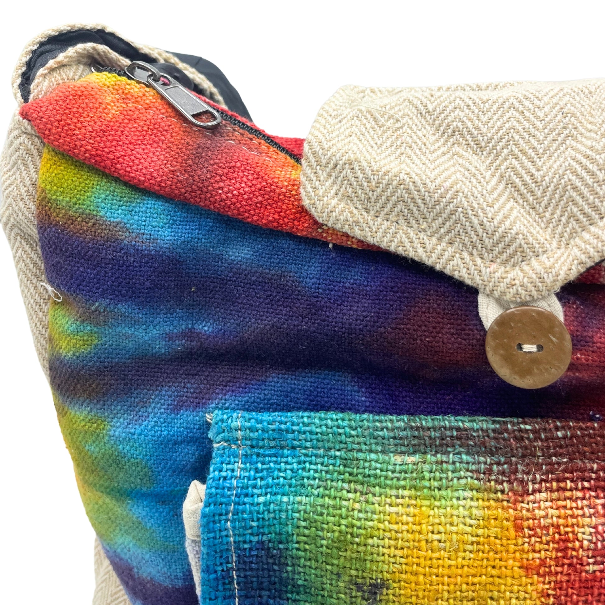 Close-up of a colorful fabric pouch with a button on a white background