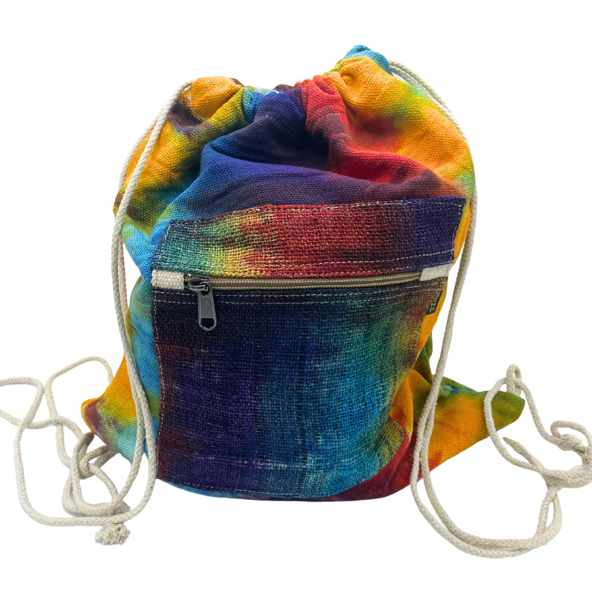 Multicolored tie-dye drawstring bag with a zipper pocket on a white background