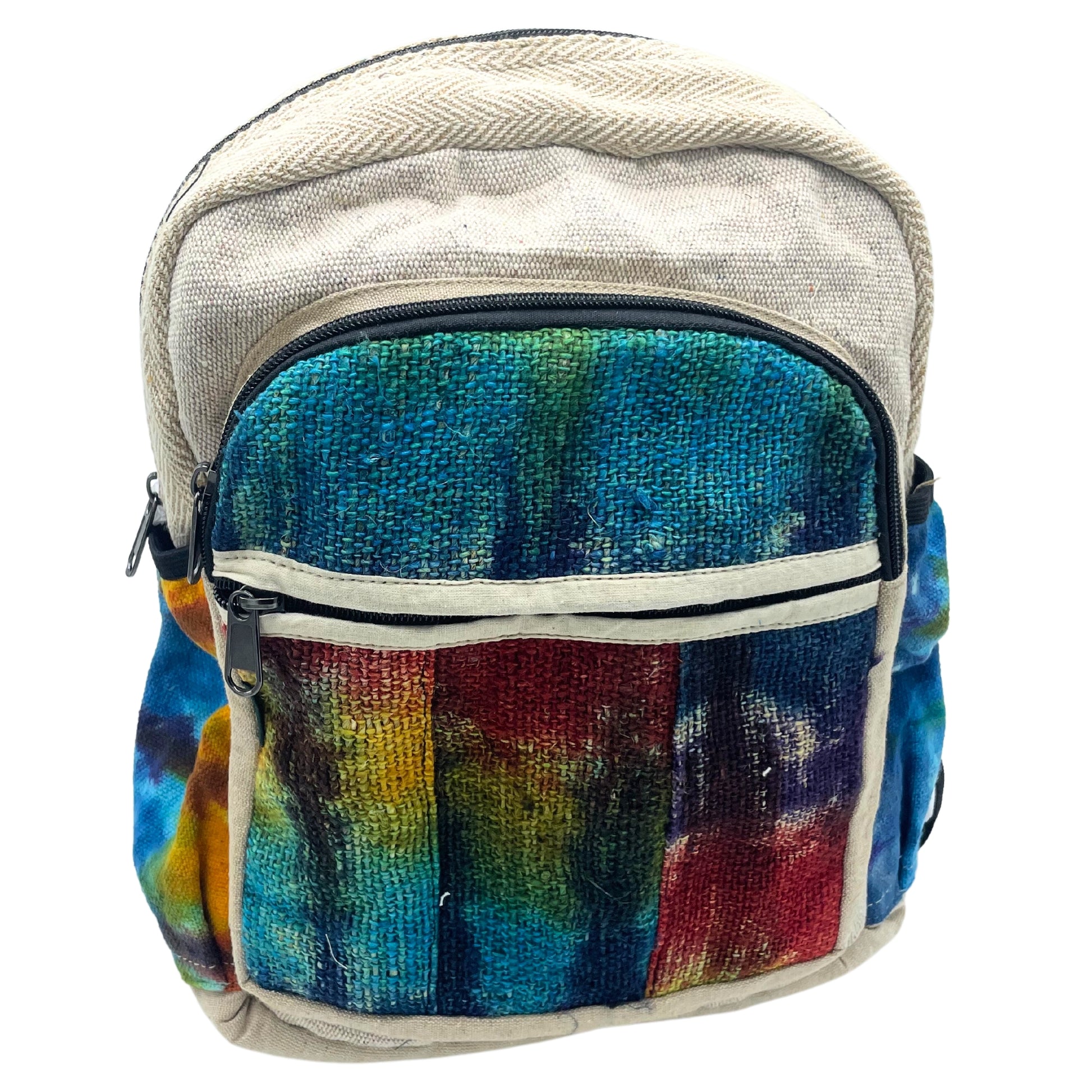Backpack with a colorful tie-dye pattern on a white background