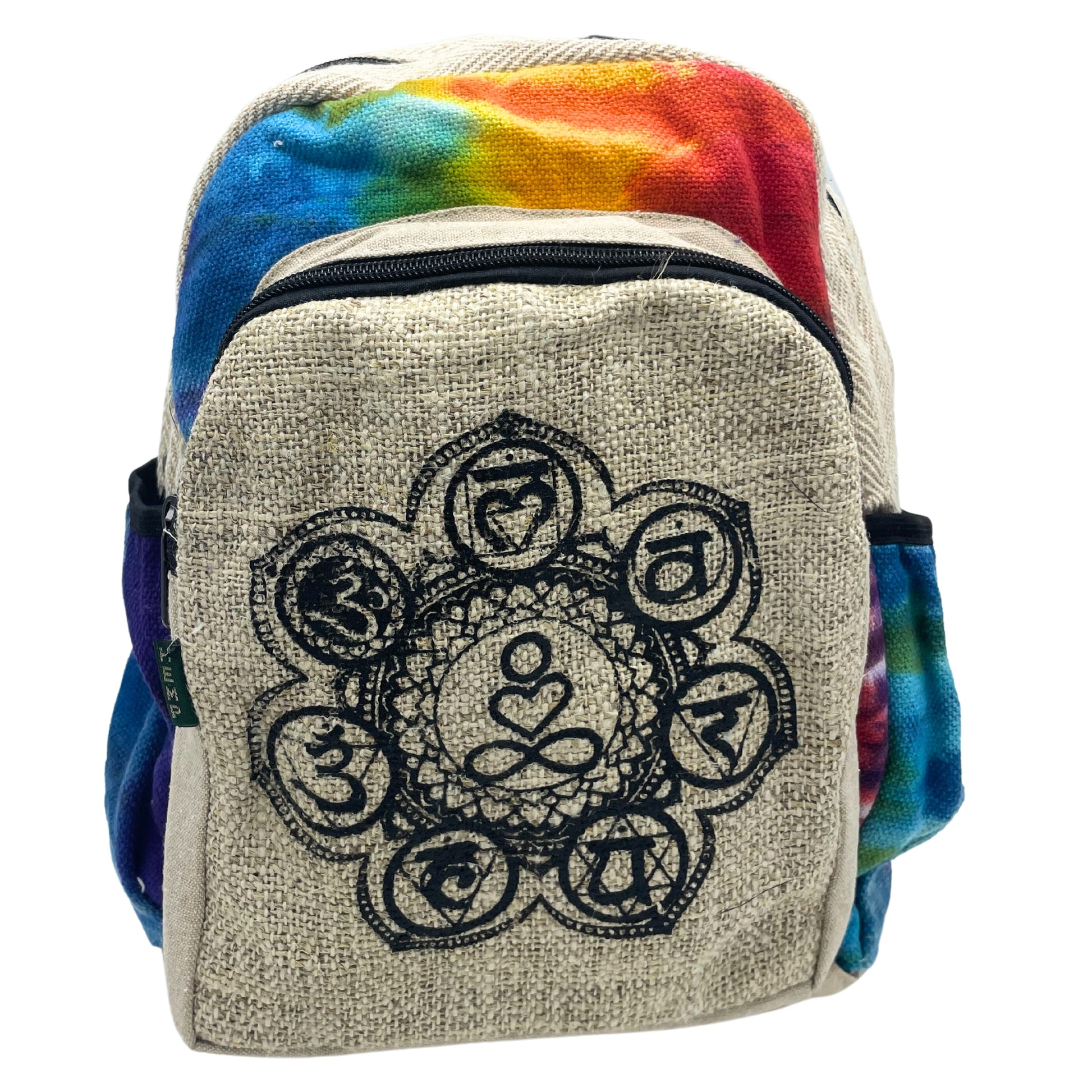 Backpack with tie-dye sides and a central design on a white background