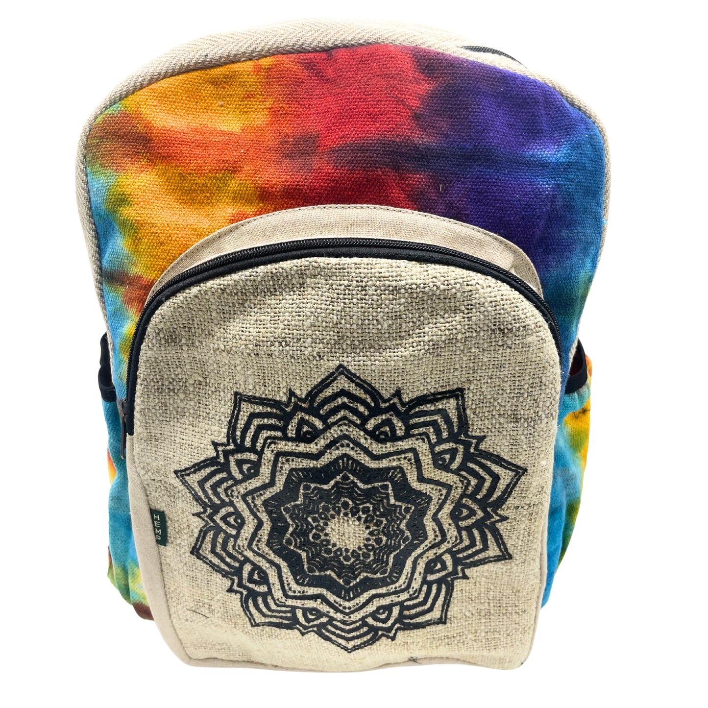 Colorful tie-dye backpack with a geometric design on a white background