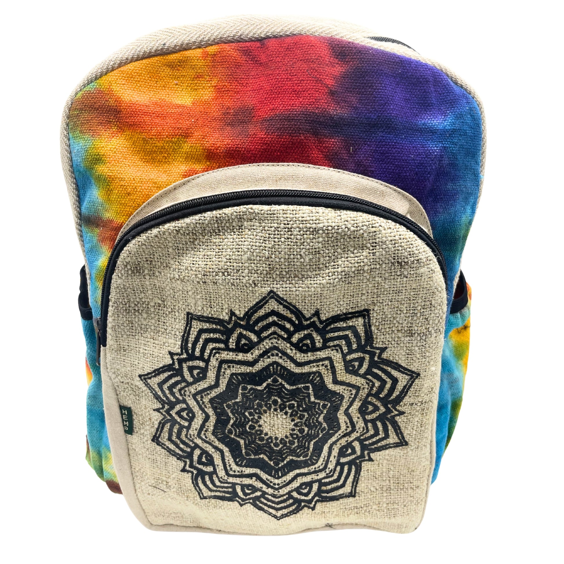 Colorful tie-dye backpack with a geometric design on a white background
