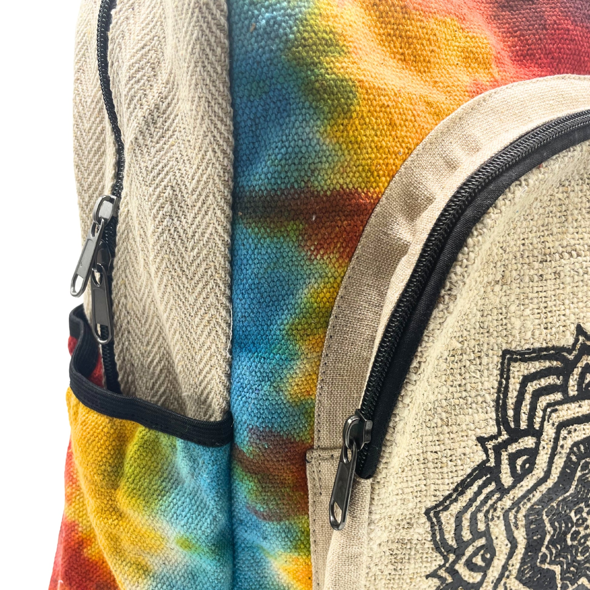 Close-up of a colorful tie-dye bag with textured sides and zippers.