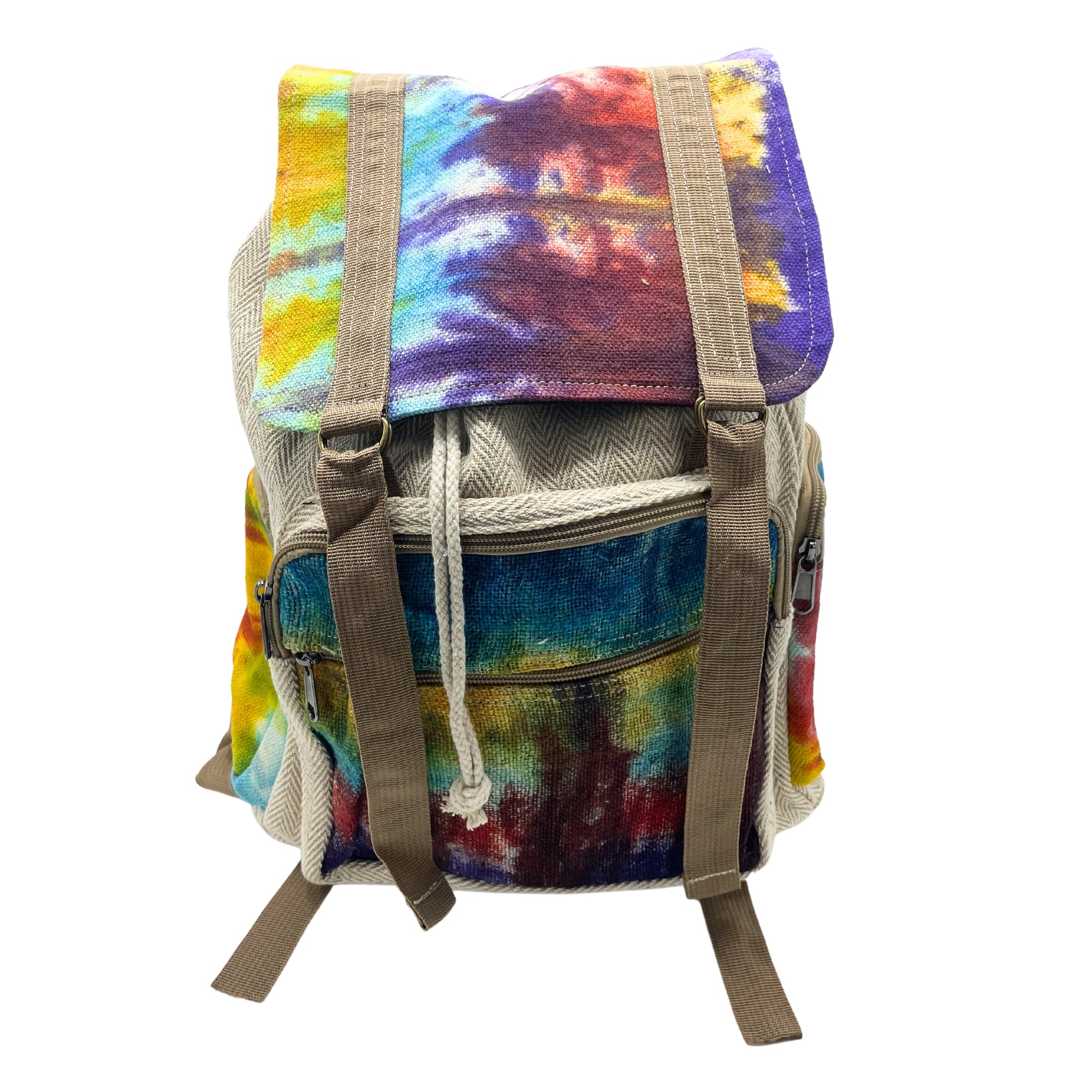 Colorful tie-dye backpack with gray accents on a white background