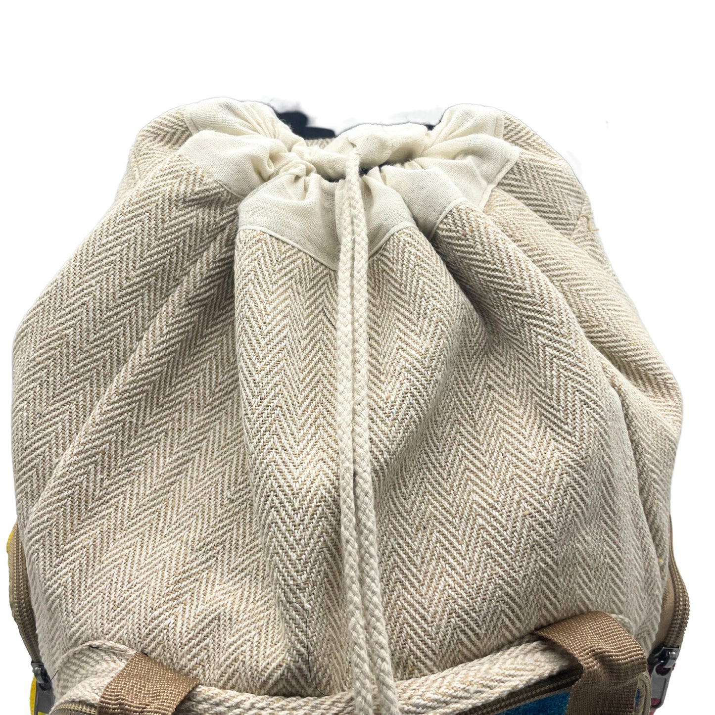 Beige herringbone patterned drawstring bag on a white background