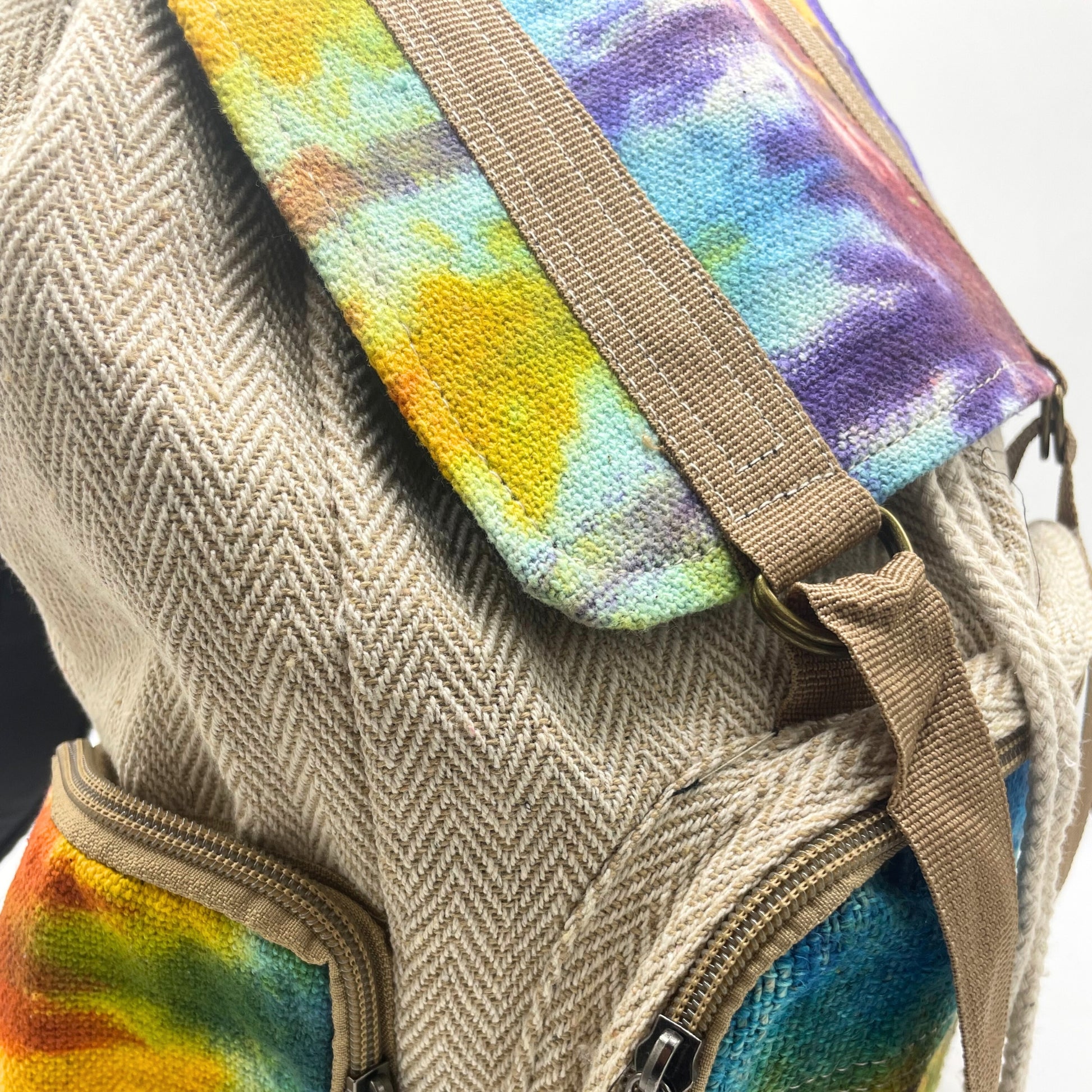 Multicolored tie-dye bag with a textured surface and visible strap.