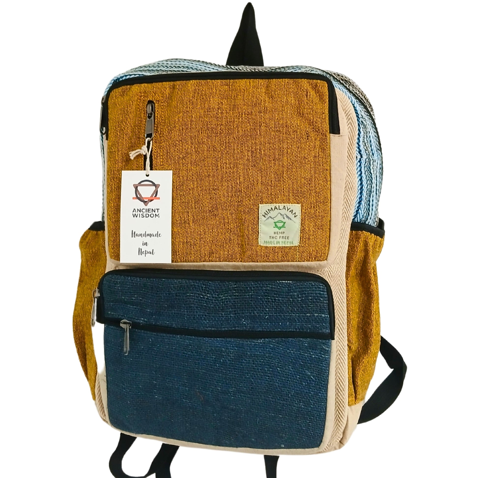 Multicolored backpack with visible brand tags on a white background