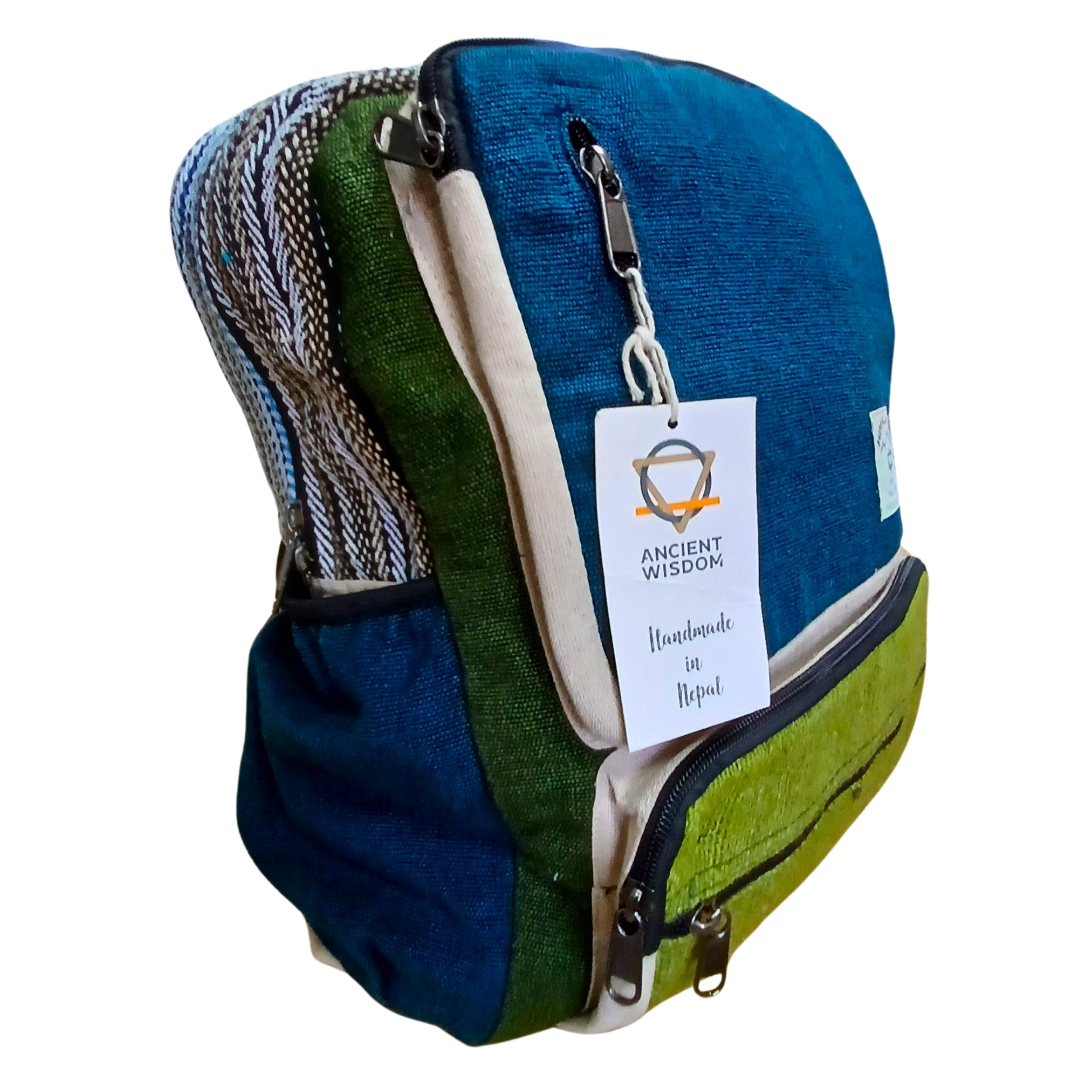 Multicolored fabric bag with a visible brand tag on a white background