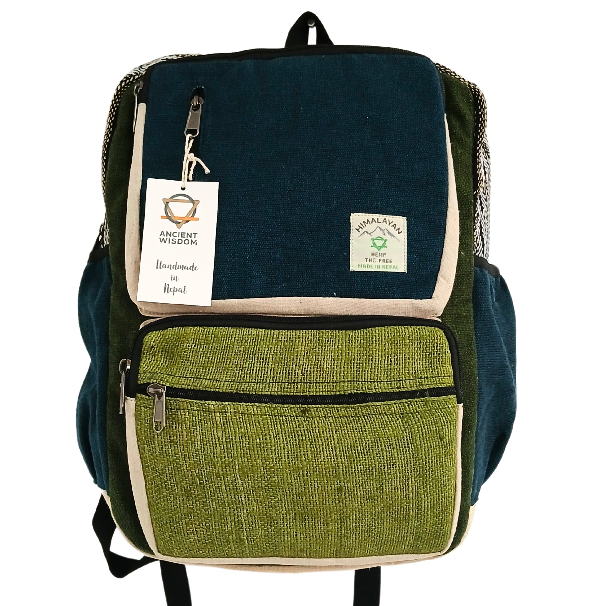 Green and navy backpack with visible brand labels on a white background