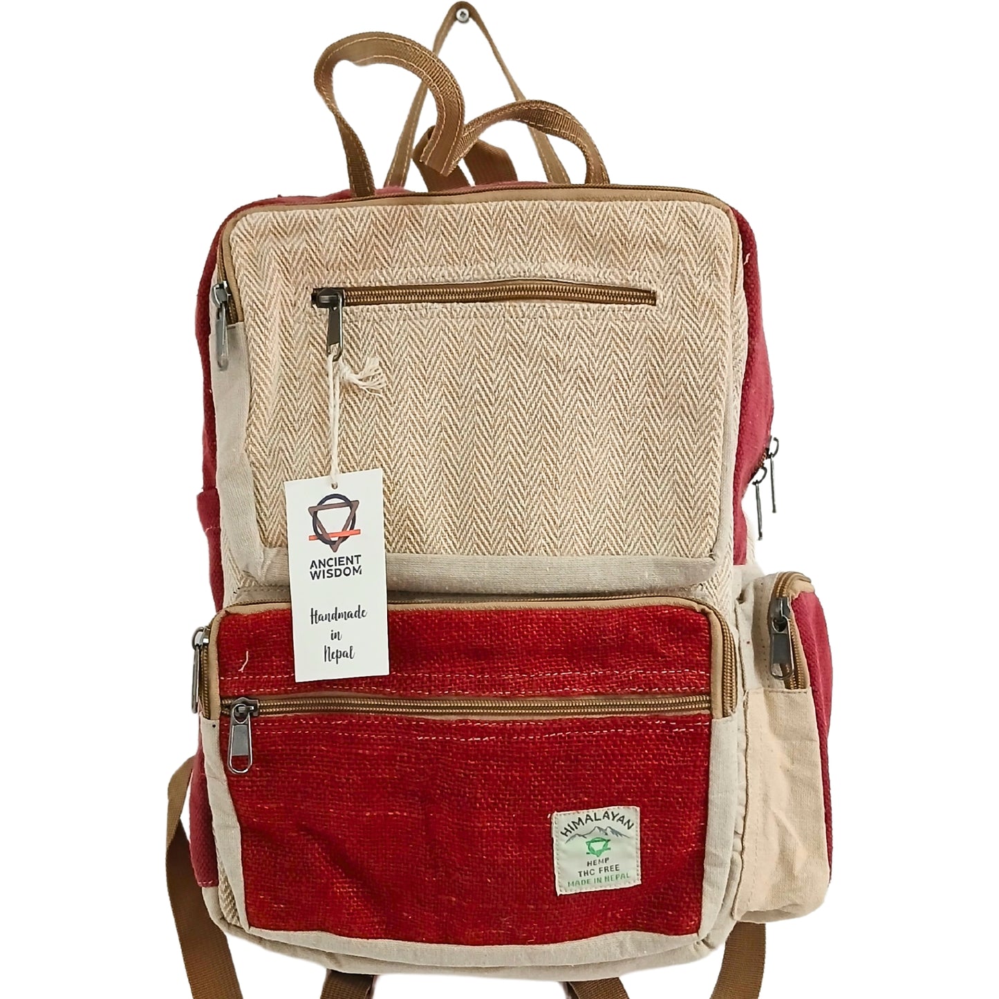 Red and beige backpack with a visible brand tag on a white background
