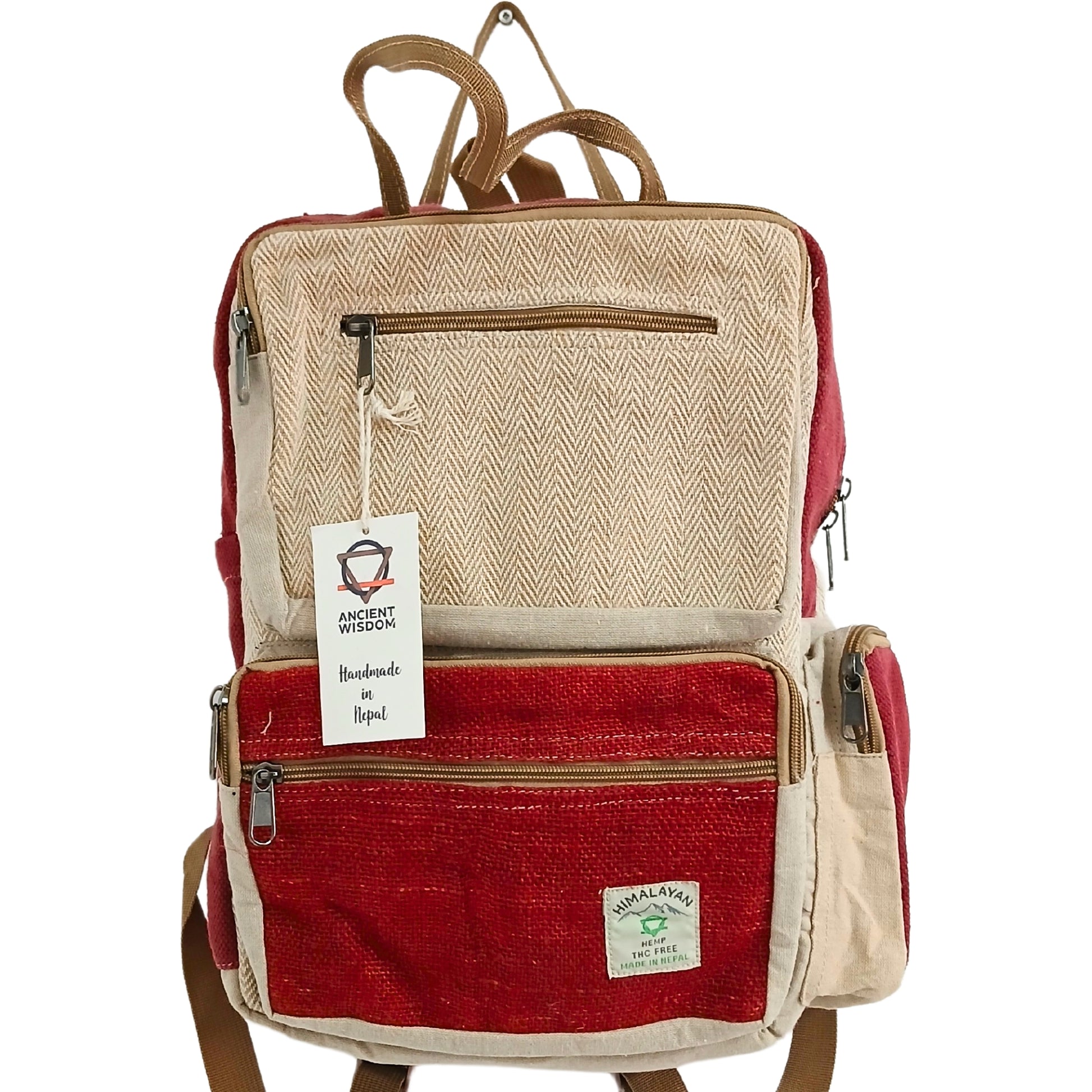 Red and beige backpack with a visible brand tag on a white background