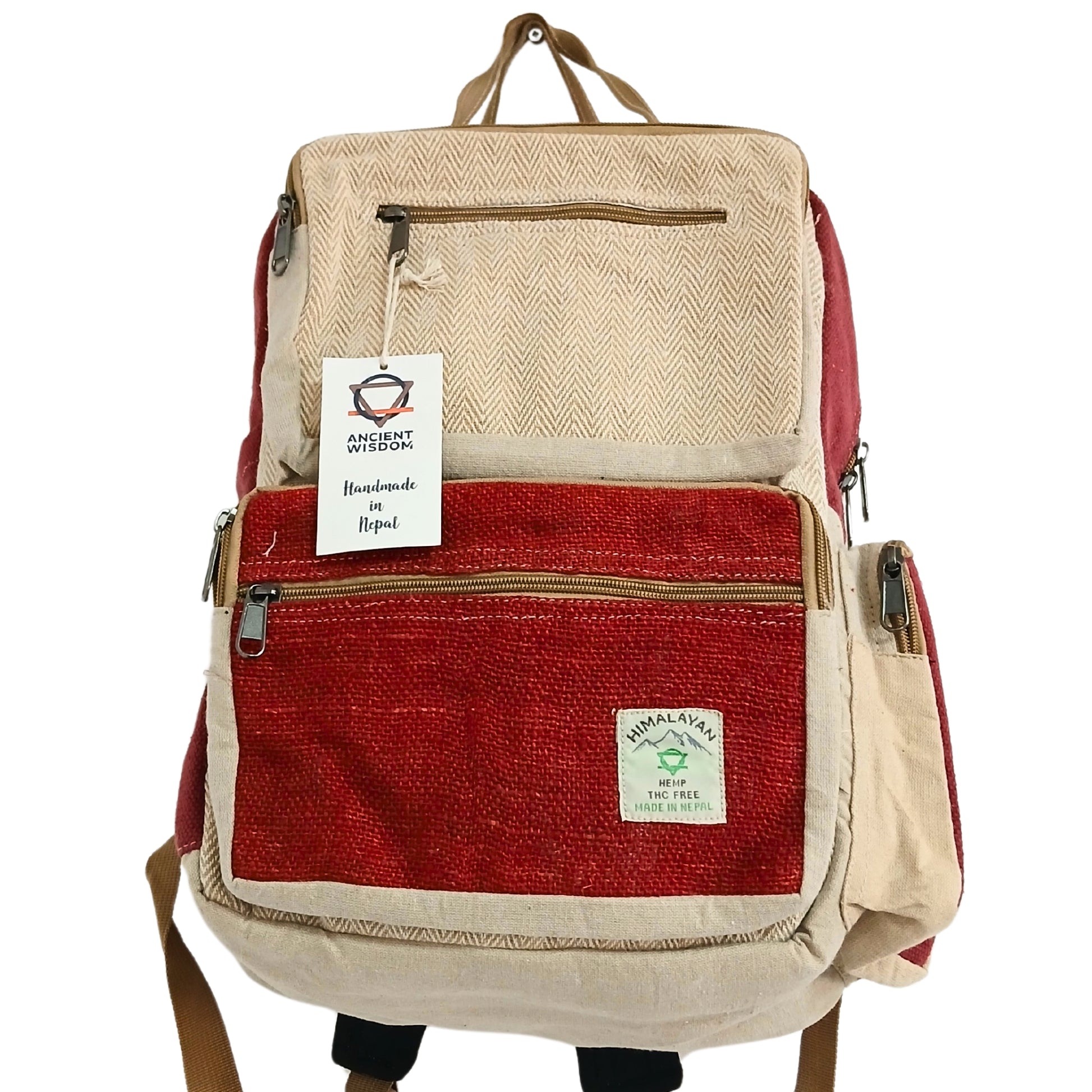 Backpack with red and beige sections, featuring visible brand labels on a white background.