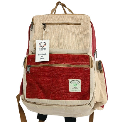 Backpack with red and beige sections, featuring visible brand labels on a white background.