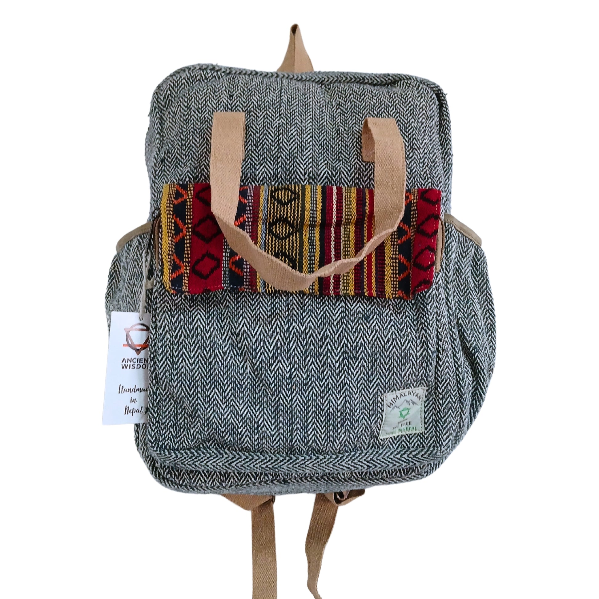 Gray backpack with a colorful patterned pocket on a white background